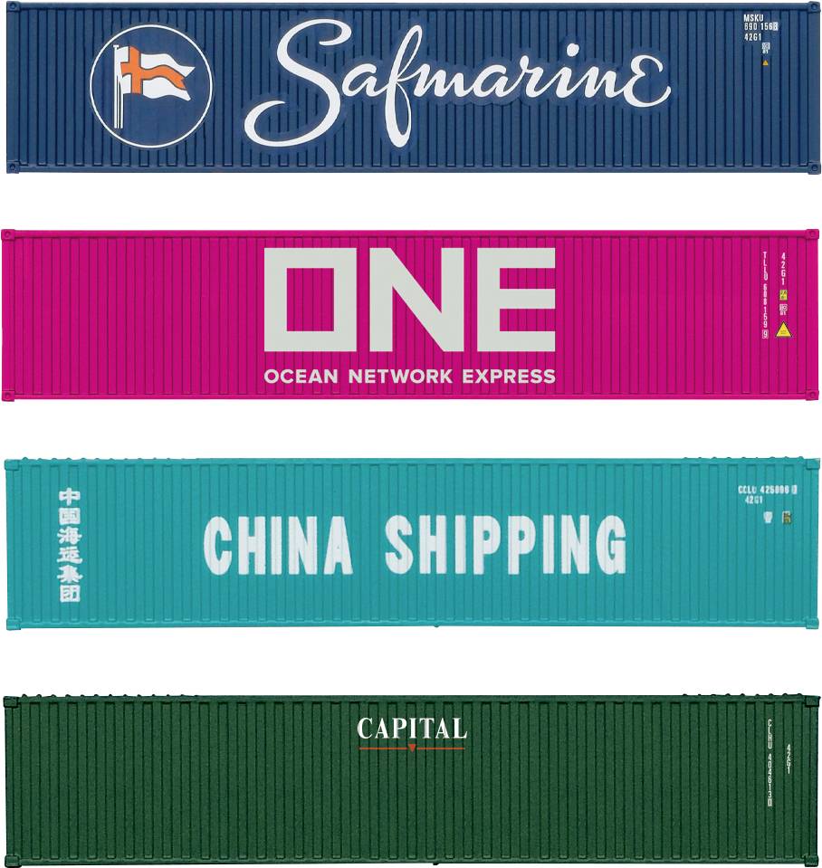 Ein Satz von vier farbenfrohen Versandcontainern von verschiedenen Unternehmen: Safmarine, ONE (Ocean Network Express), China Shipping und Capital.