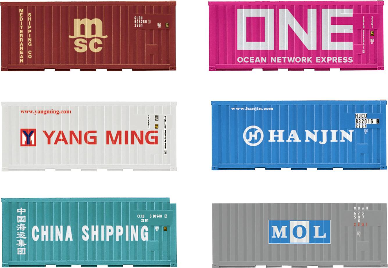 Sechs Versandcontainer mit unterschiedlichen Logos: MSC, ONE, Yang Ming, Hanjin, China Shipping, MOL. Jeder hat unterschiedliche Farben und Branding.