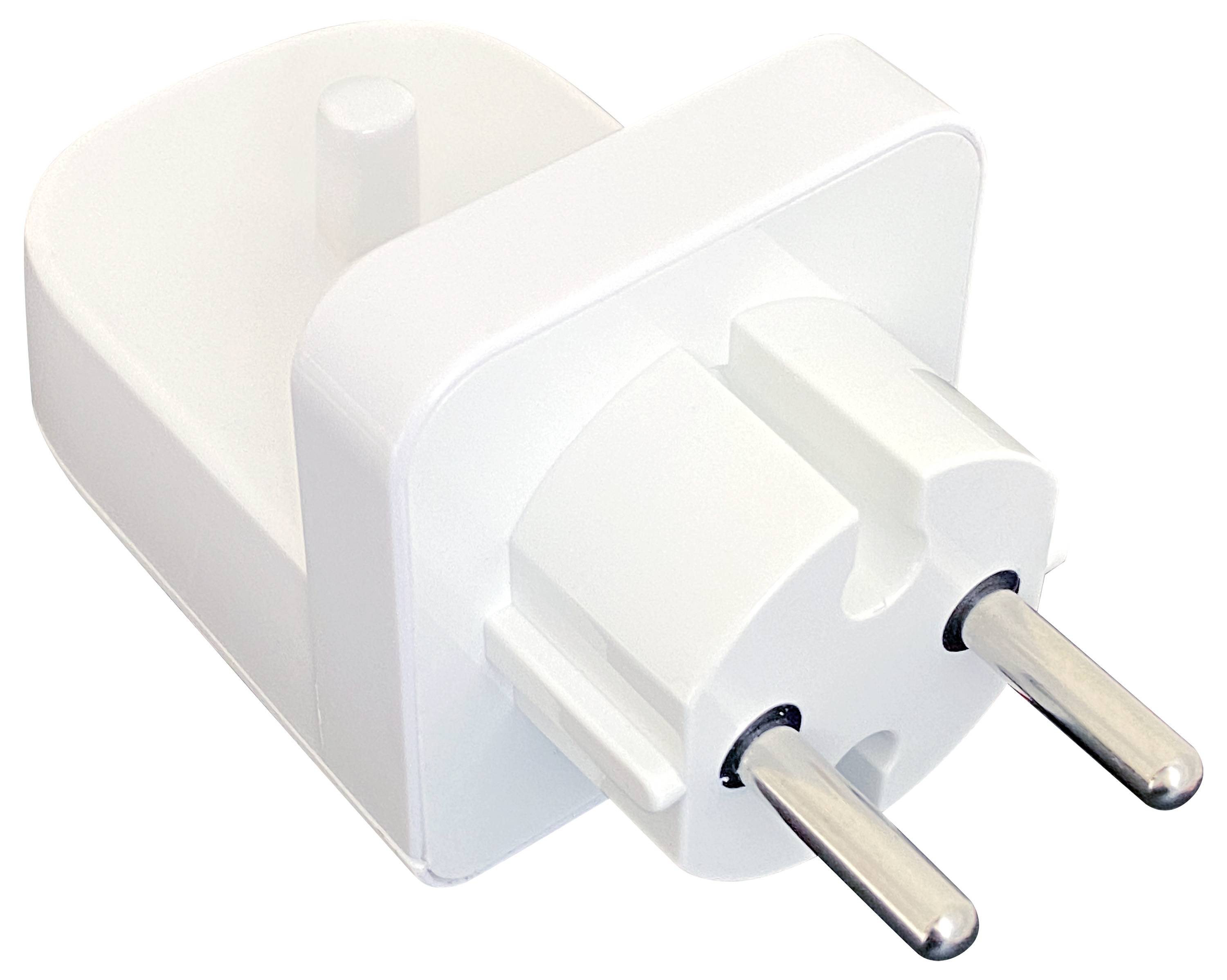 Ein weißer europäischer Steckdosenadapter mit zwei runden Stiften, entwickelt zum Anschluss elektronischer Geräte an europäische Steckdosen.