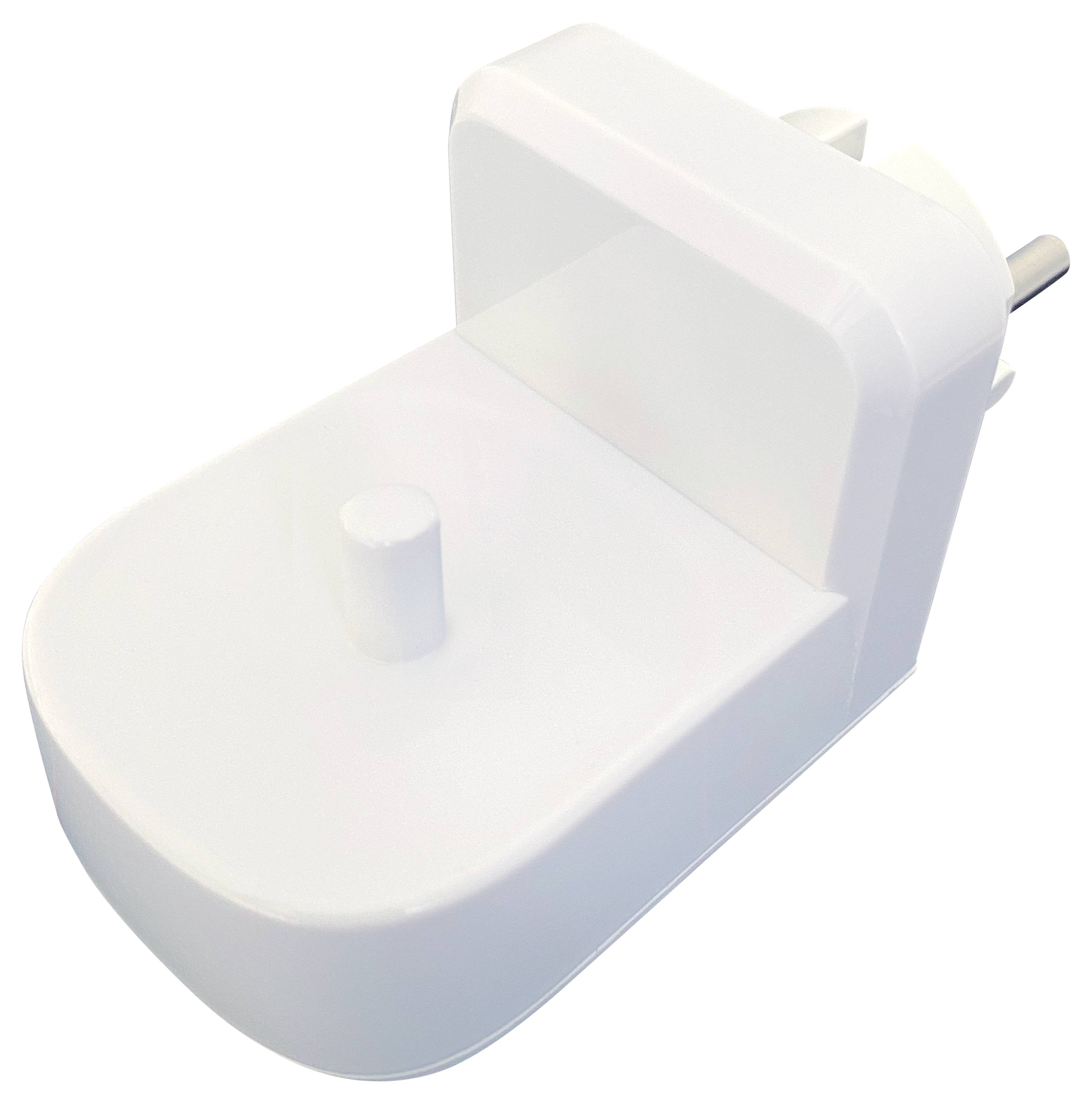 Ein weißer elektrischer Wandstecker mit einer flachen Oberfläche und einem zylindrischen Stift oben, der dazu dient, ein Gerät aufrecht zu halten.