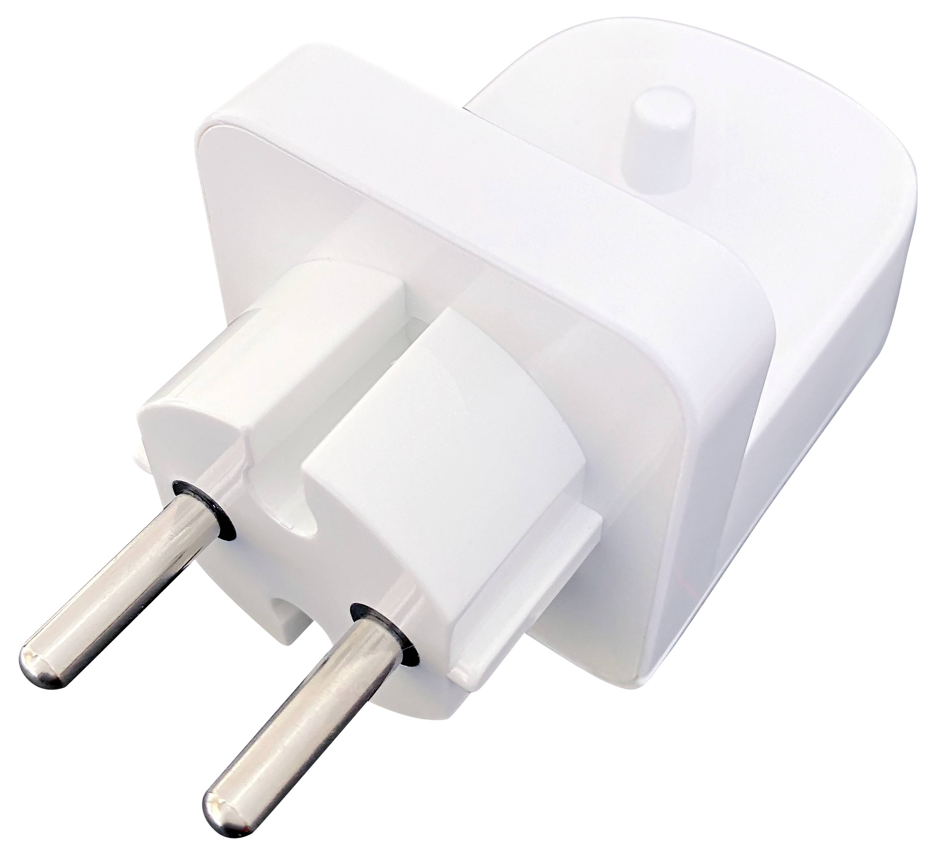 Ein weißer Stromstecker-Adapter mit zwei runden Metallstiften, geeignet zum Umwandeln verschiedener Steckertypen, um in Standard-Europasteckdosen zu passen.