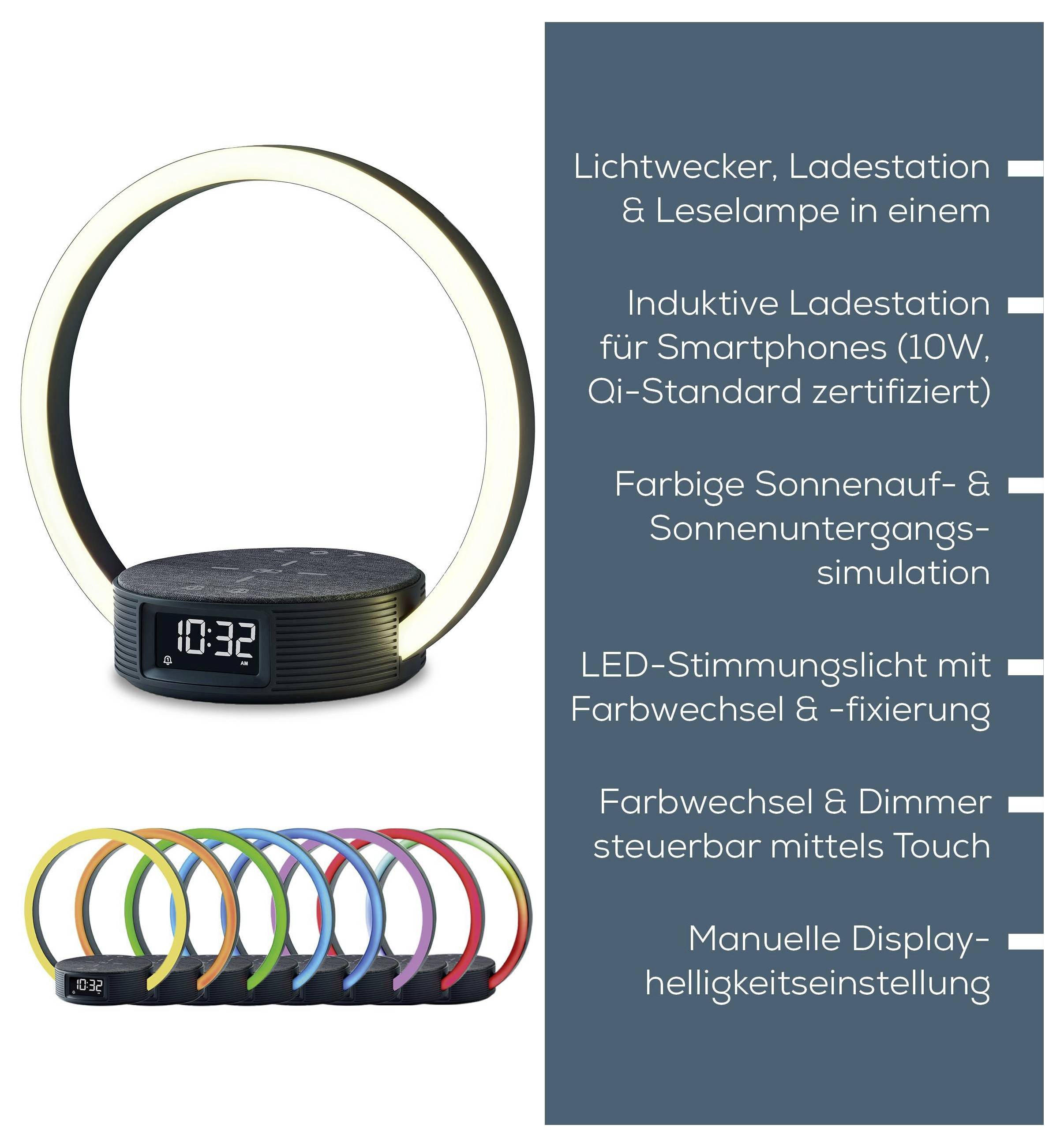 Eine moderne LED-Lampe mit Uhr und Handyladung. Zu den Funktionen gehören Sonnenaufgangs-/Sonnenuntergangs-Simulation, LED-Stimmungslicht und Display-Helligkeitsregelung.