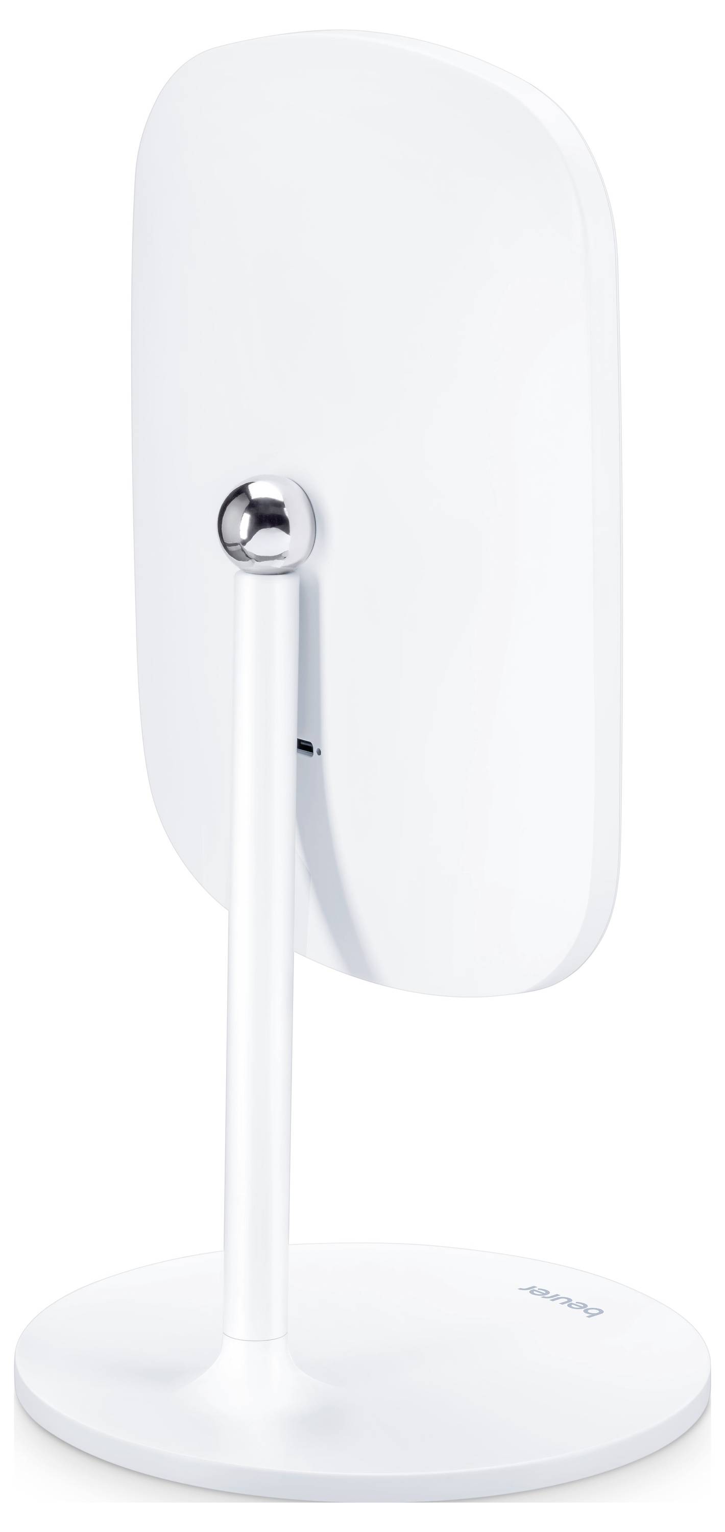 Ein weißer, rechteckiger Tischspiegels mit elegantem, modernem Design, mit einer stabilen runden Basis und einem vertikalen Ständer.