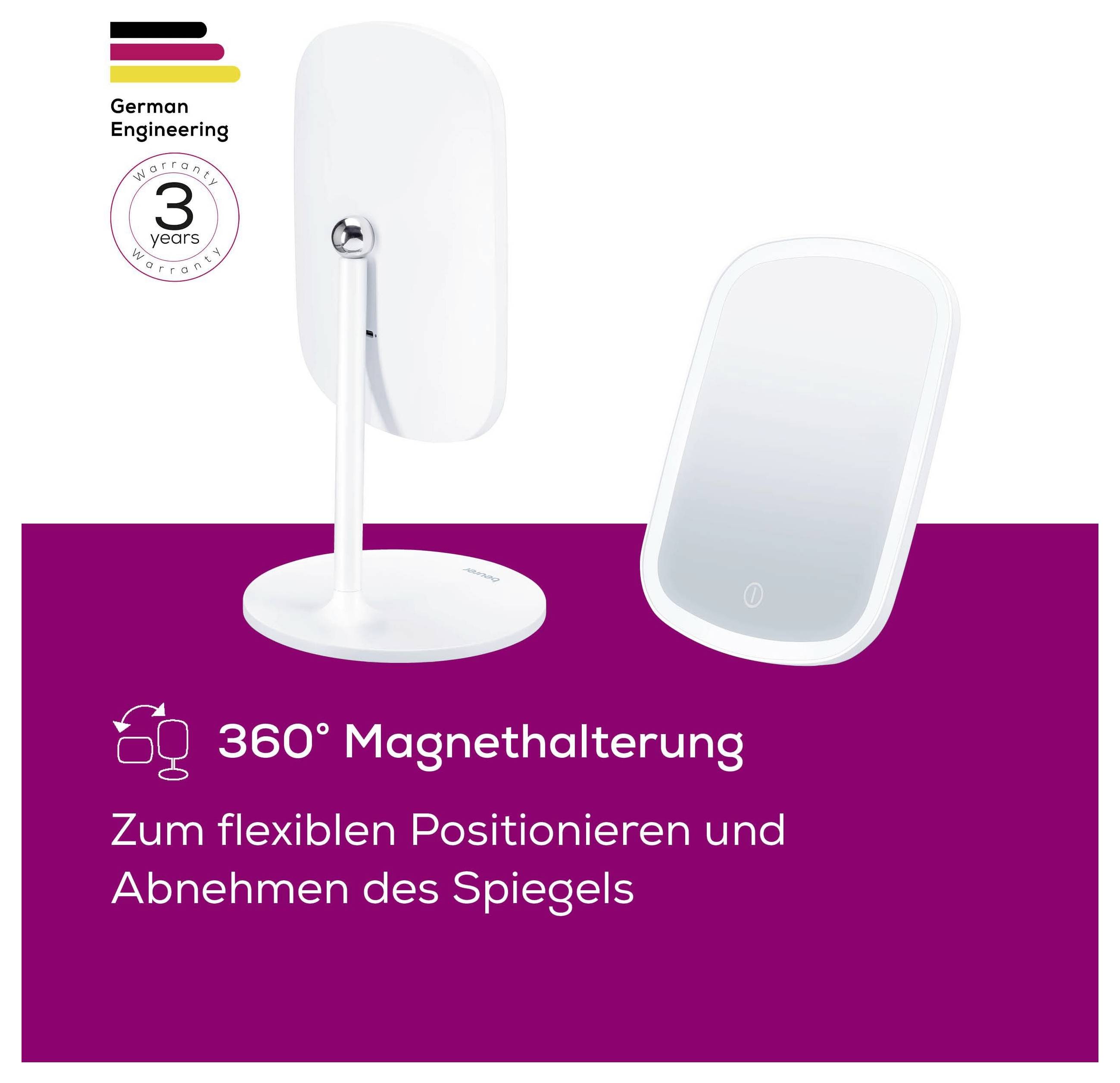 360°-Magnethalterung<br><br>Produktbild zeigt einen magnetischen Spiegel mit flexibler Positionierbarkeit, wobei deutsche Ingenieurkunst und eine 3-jährige Garantie hervorgehoben werden.