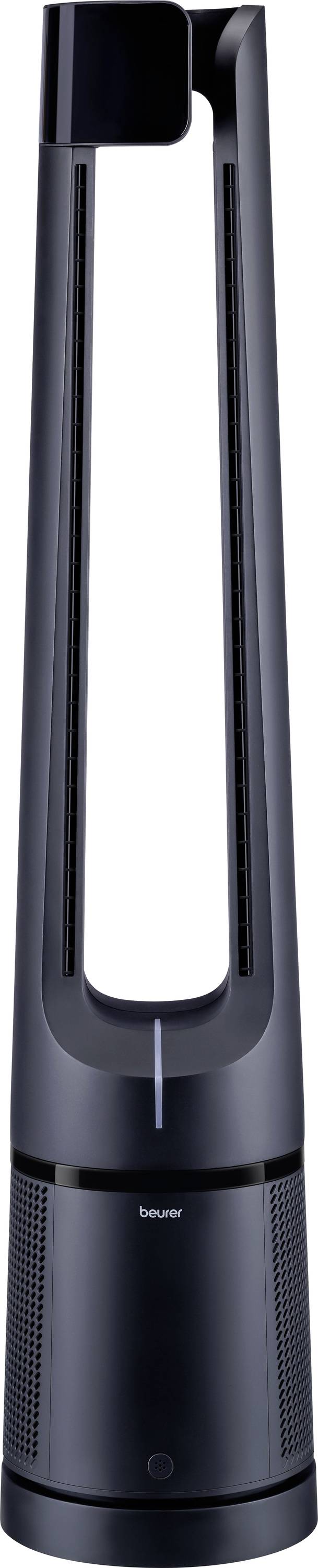 Schlanker, hoher schwarzer Turmventilator ohne sichtbare Blätter mit modernem Design, geeignet für minimalistische Wohn- oder Büroumgebungen.