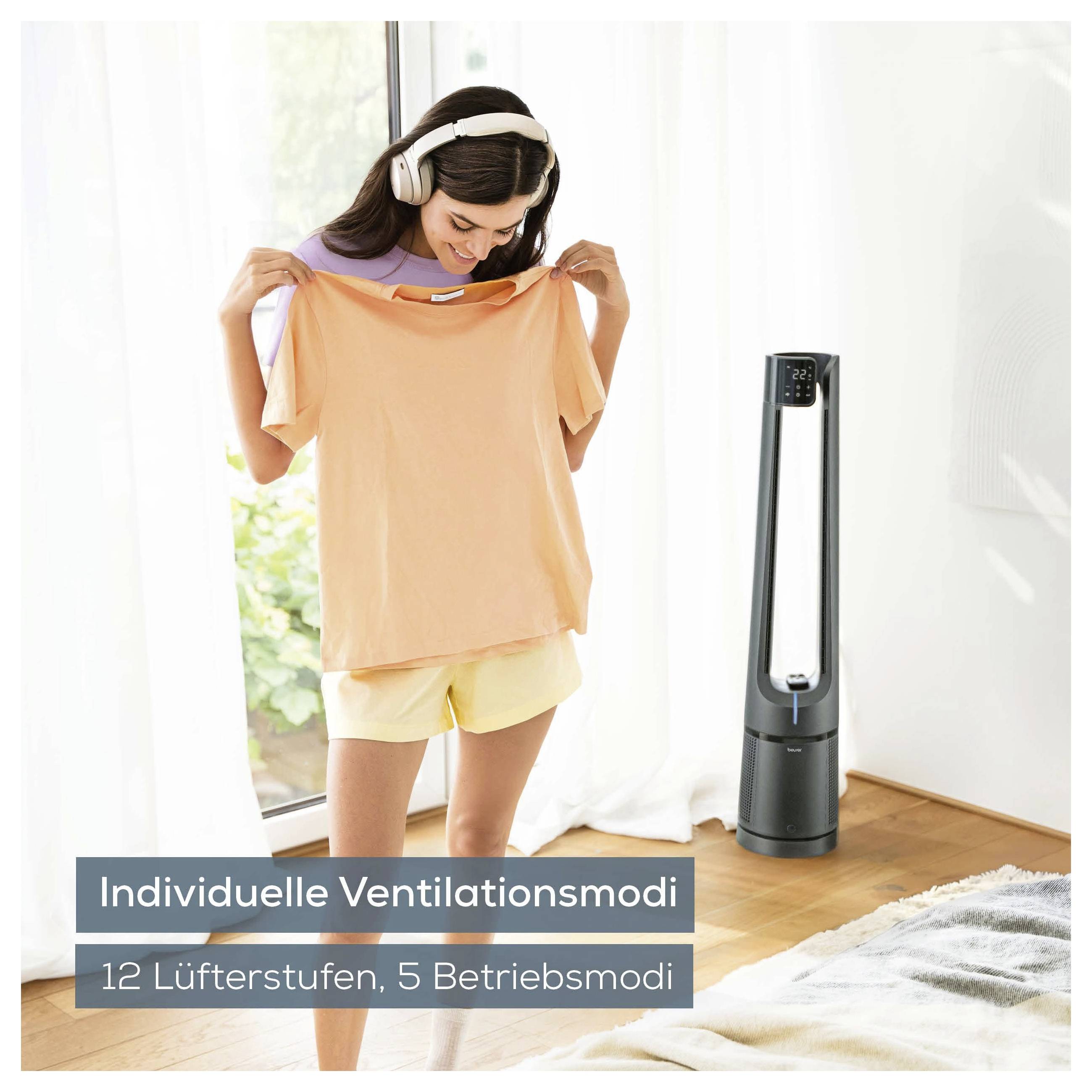 Eine Person genießt Musik über Kopfhörer, während sie neben einem großen Ventilator steht. Der Text lautet: „Individuelle Ventilationsmodi, 12 Lüfterstufen, 5 Betriebsmodi.