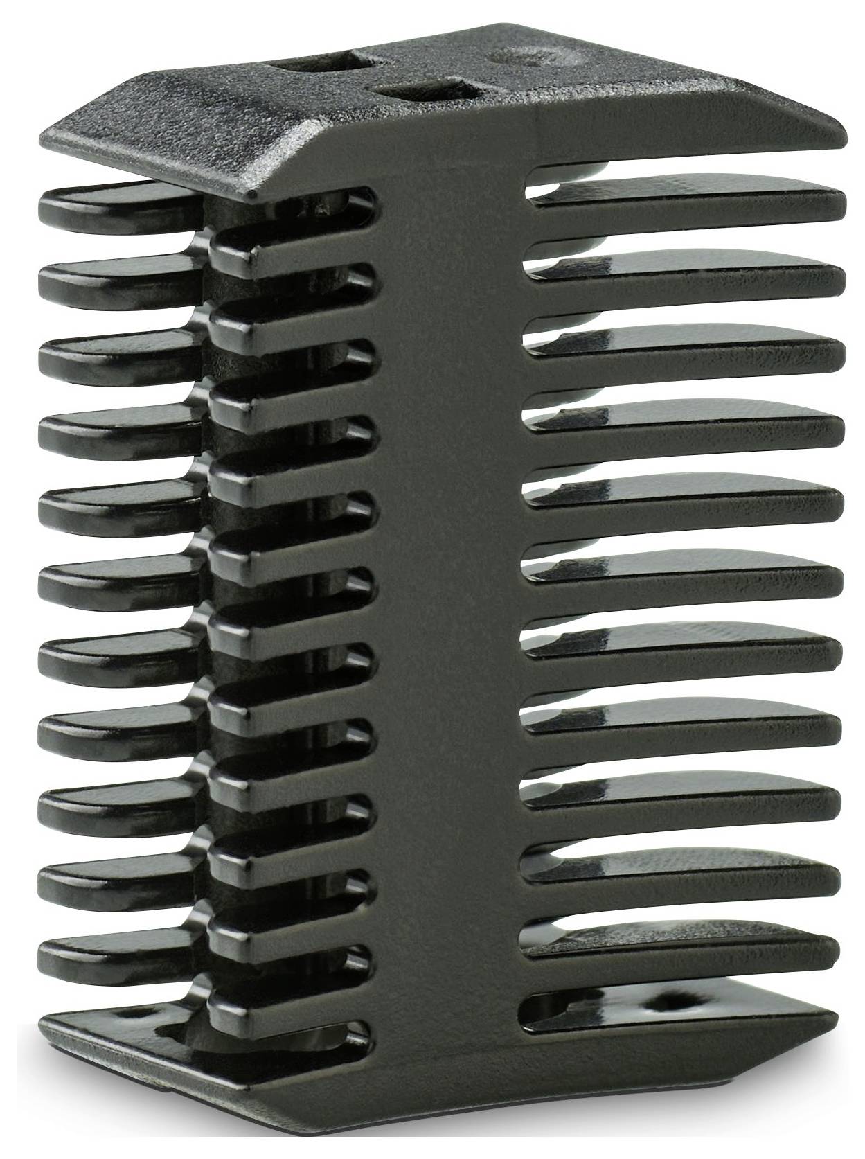 Ein schwarzer, rechteckiger Kühlkörper mit mehreren vertikalen Rippen zur Wärmableitung von elektronischen Komponenten.