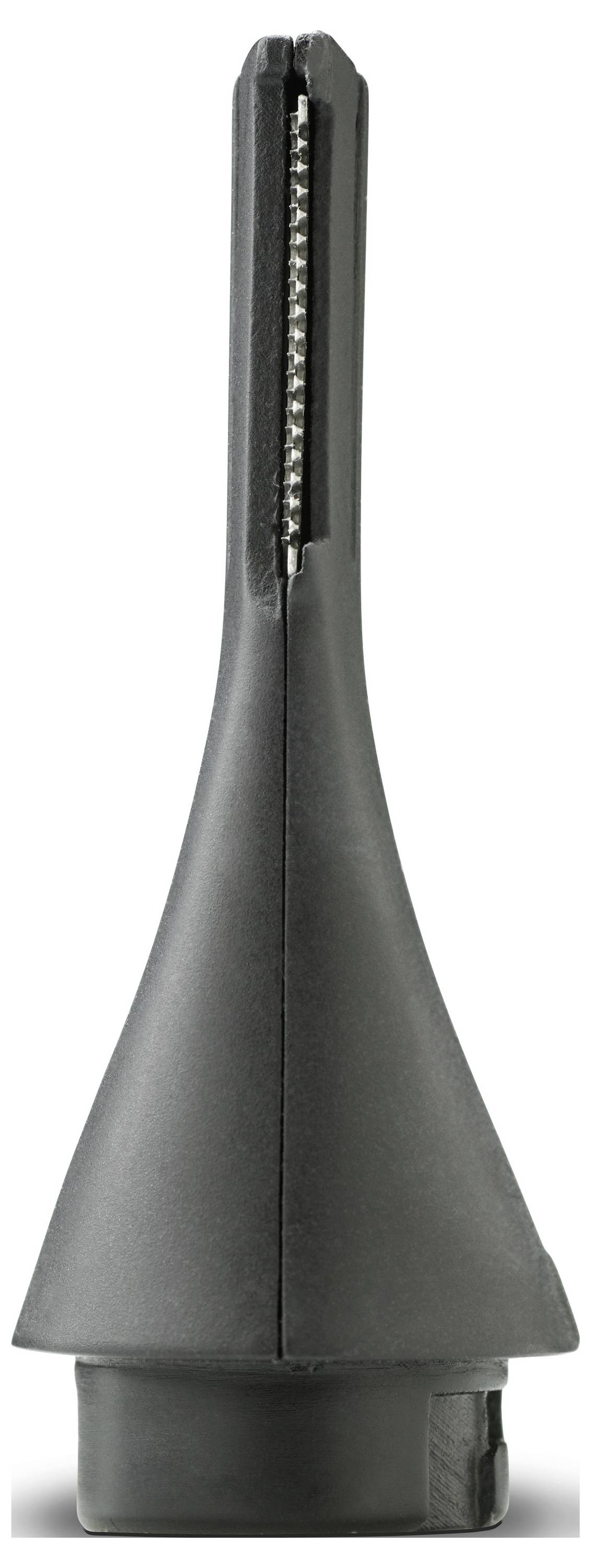 Ein schwarzer konischer Ersatzbürstenkopf für einen elektrischen Zahnseidestab mit einer vertikalen Bürsterreihe entlang seiner Kante.