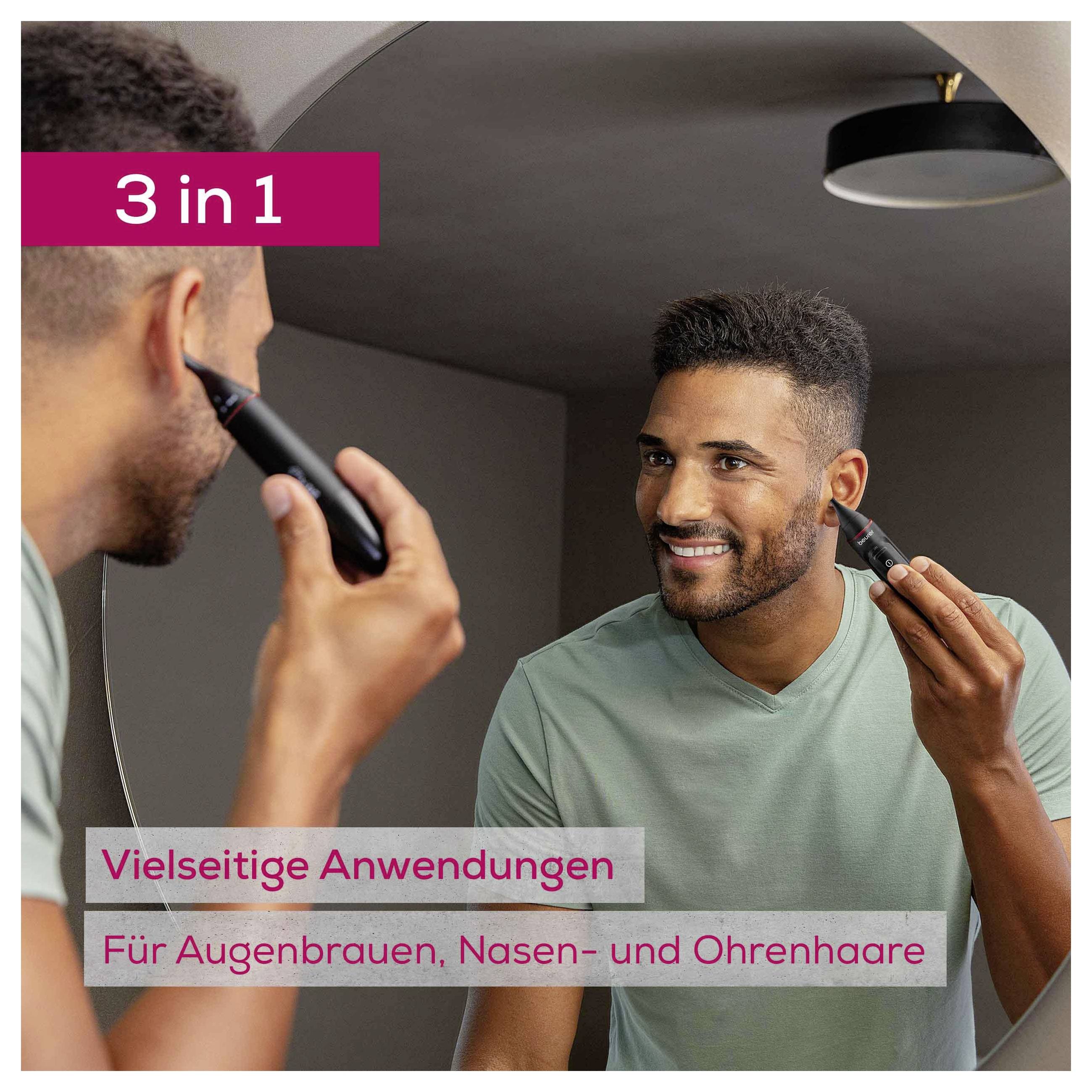 Ein Mann lächelt, während er ein Grooming-Gerät auf seiner Augenbraue verwendet. Der Text lautet: „3 in 1. Vielseitige Anwendungen. Für Augenbrauen, Nasen- und Ohrenhaare.