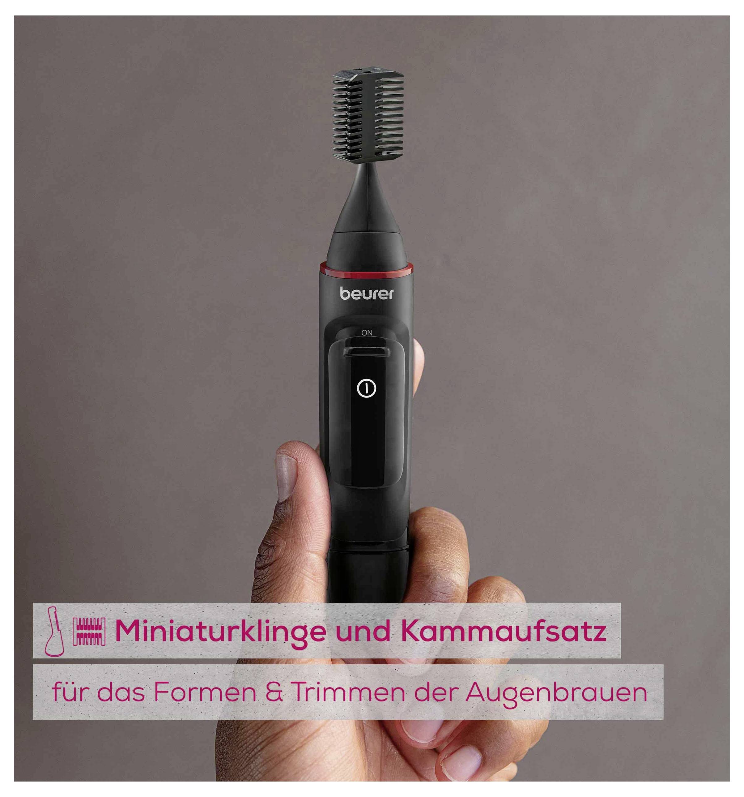 Eine Hand hält einen kompakten Augenbrauentrimmer mit Kammaufsatz. Der Text lautet: Miniaturklinge und Kammaufsatz zum Formen und Trimmen der Augenbrauen.