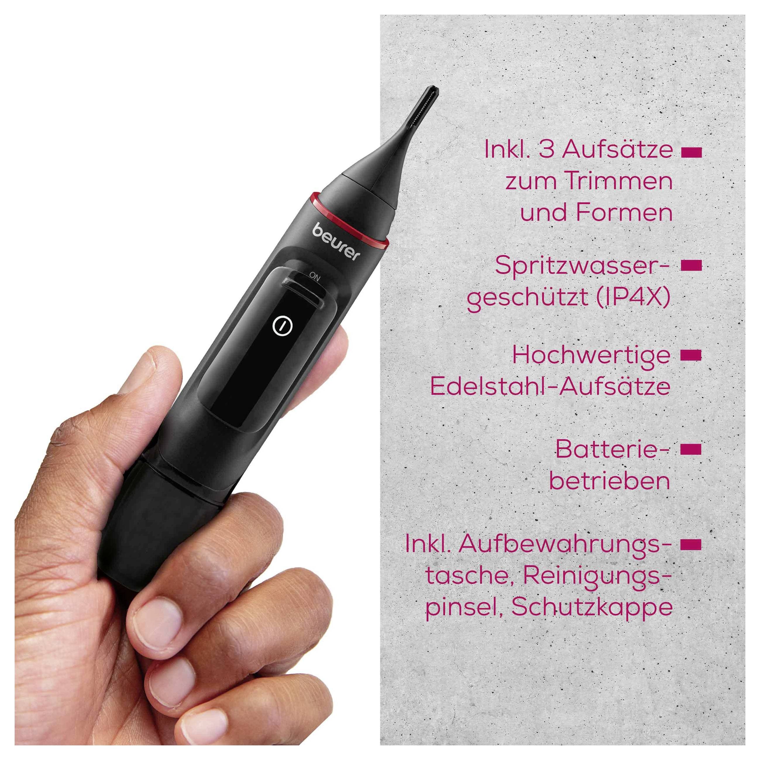 Eine Person hält einen schwarzen Ohren- und Nasenhaarschneider mit Schutzkappe in der Hand. Zu den aufgeführten Merkmalen gehören Aufsätze, Wasserdichtheit und Batteriebetrieb.