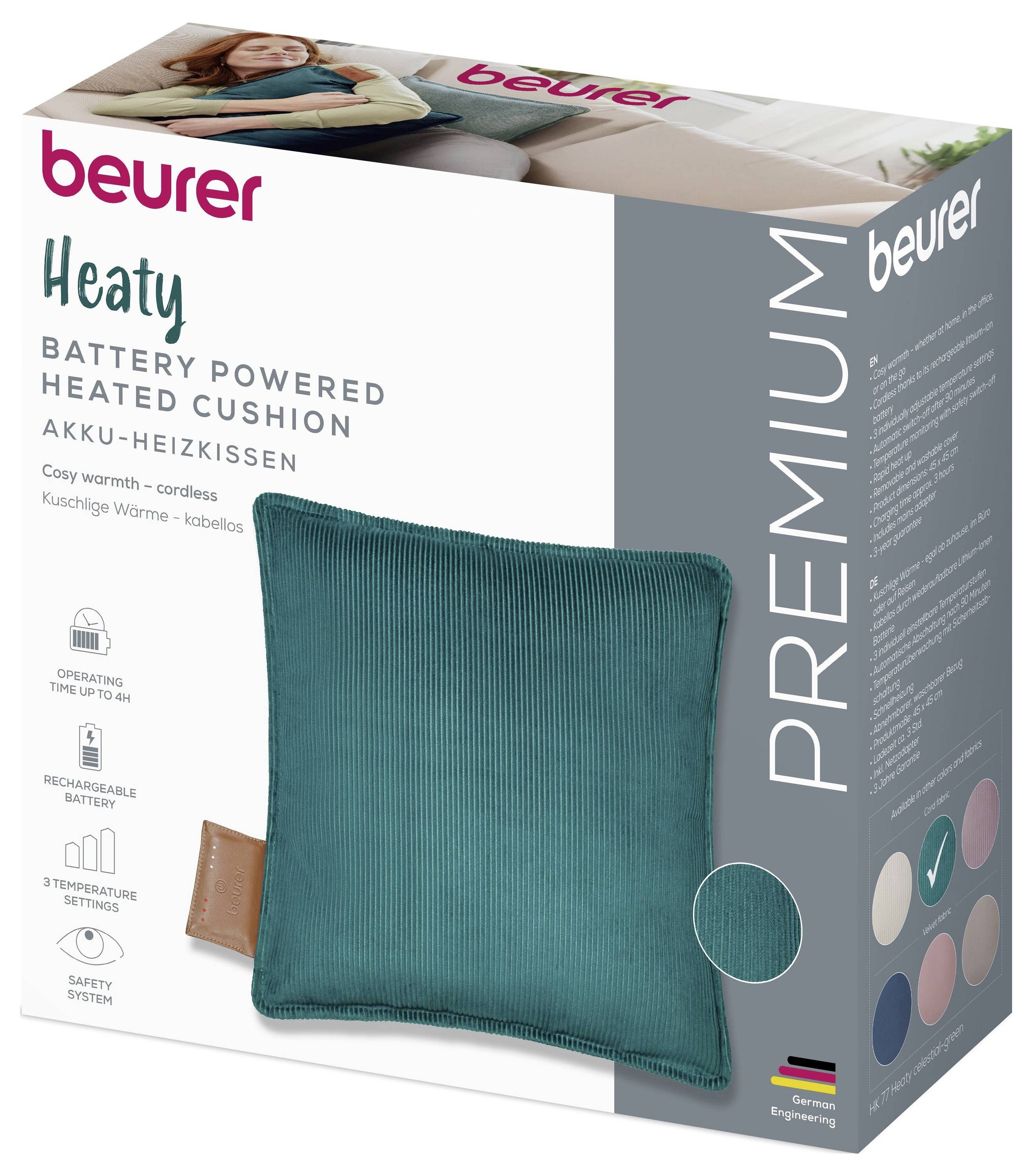Verpackung eines 'Beurer Heaty' kabelloses, batteriebetriebenes Heizkissen. Merkmale: bis zu 4 Stunden Betriebsdauer, wiederaufladbare Batterie, 3 Temperaturstufen.
