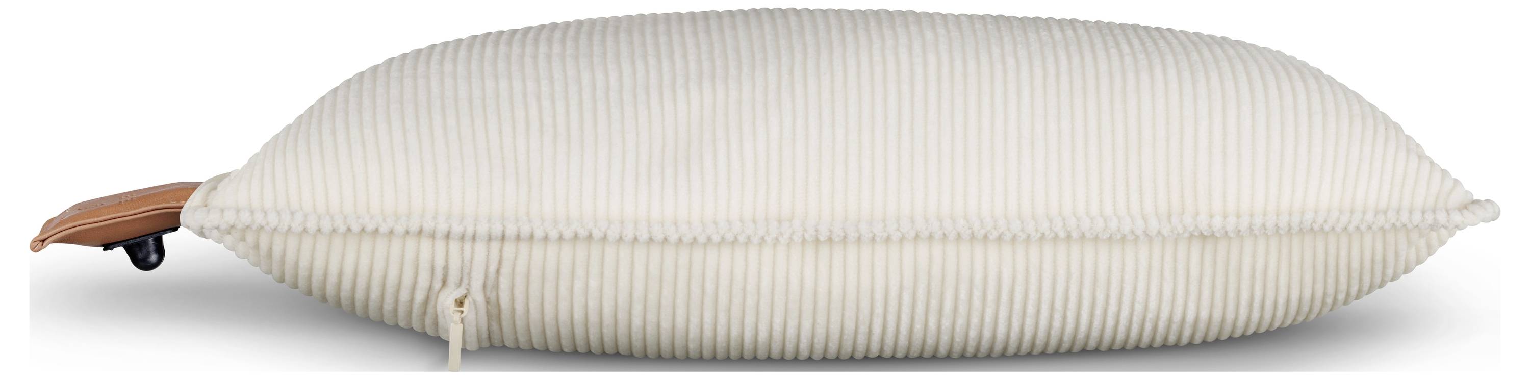 Ein graues Kissen mit beschrifteten Funktionen, einschließlich eines Wärmebereichs für Wärmezufuhr, einfache Bedienelemente, einer weichen Bezug, einer Lithium-Ionen-Batterie und einen Ladeanschluss.