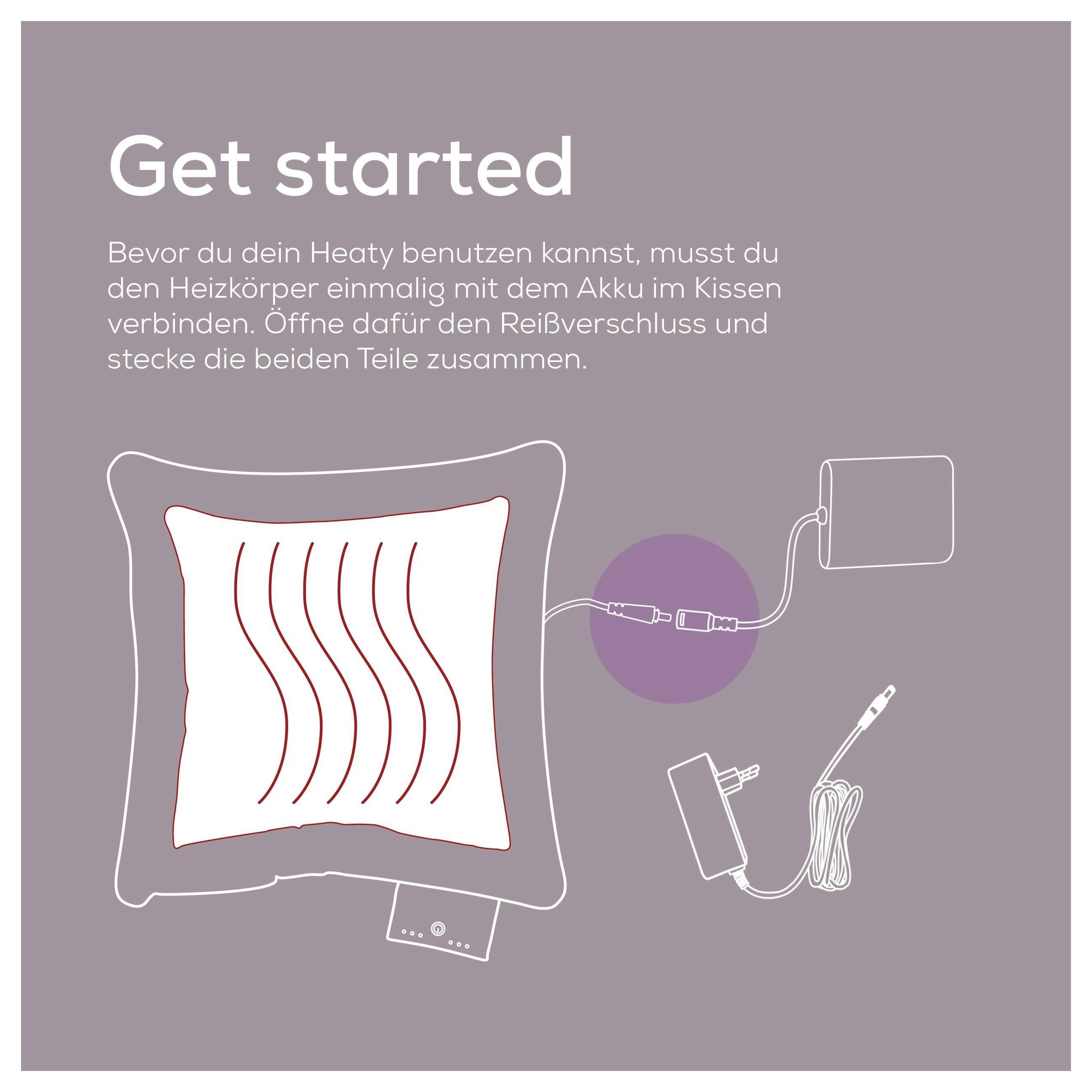 Eine Illustration, die zeigt, wie man die Batterie vor der ersten Verwendung mit einem Reißverschluss an ein Wärmekissen anschließt.