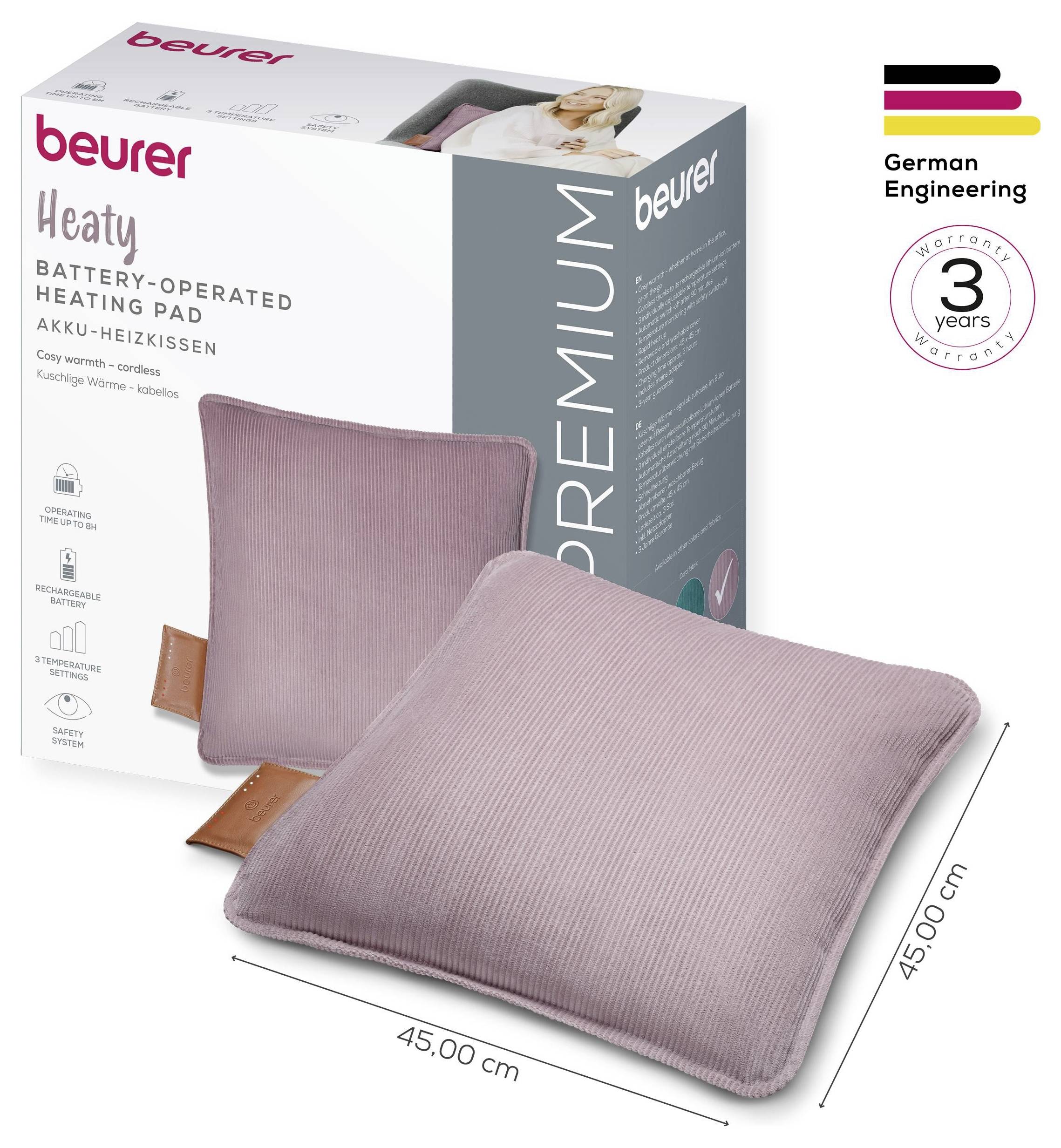 Beurer batteriebetriebenes Heizkissen in Rosa, Größe 45x45 cm. Inklusive Produktbox mit hervorgehobenen Funktionen und Garantiedetails.