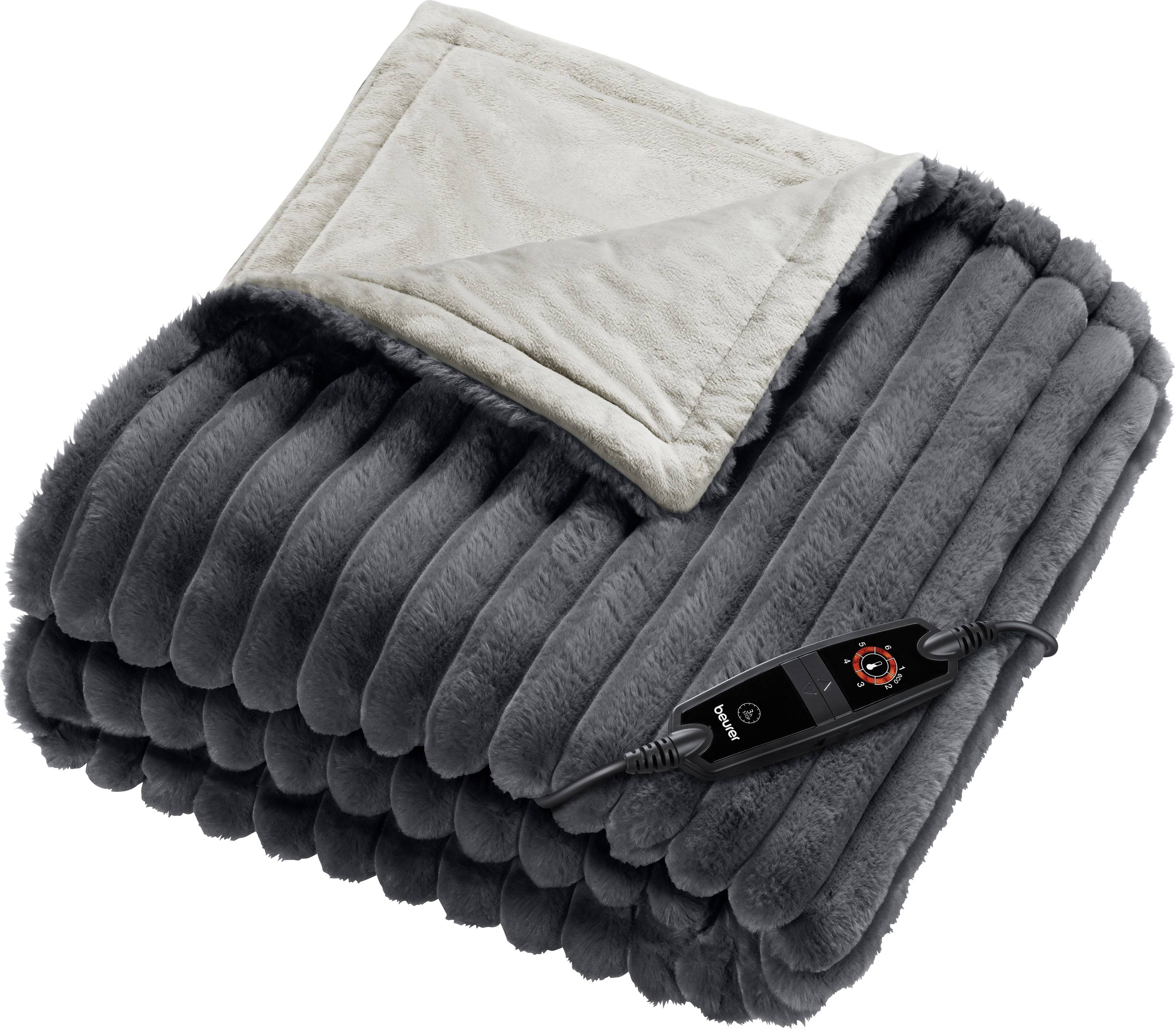 Eine zusammengefaltete graue beheizte Decke mit einer Fernbedienung, die Temperatureinstellungen anzeigt und ihre weiche Textur sowie ihr gestepptes Design zur Schau stellt.