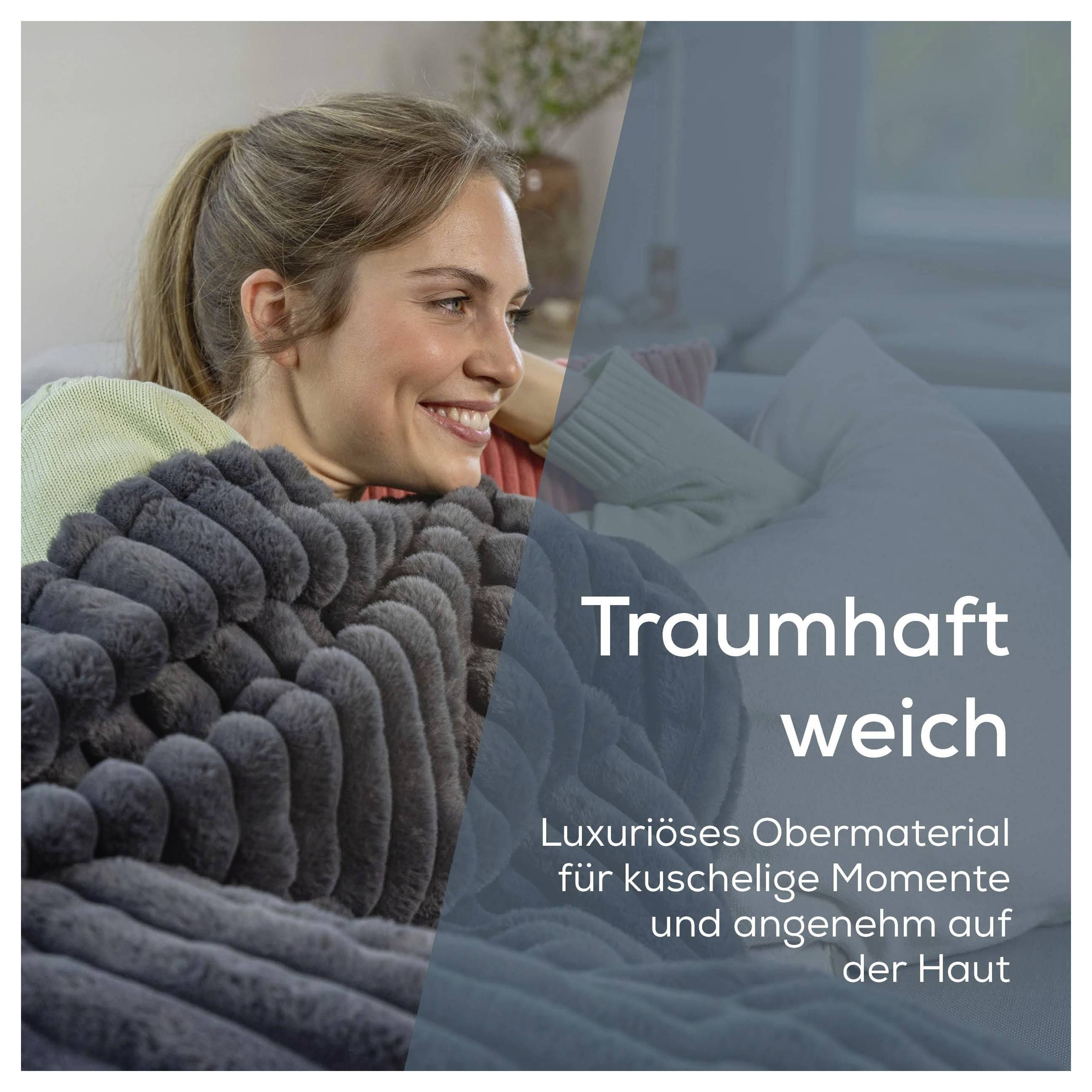 Eine Frau lächelt, während sie in eine weiche, graue Decke gehüllt ist; der Text lautet „Traumhaft weich: Luxuriöses Obermaterial für kuschelige Momente und angenehm auf der Haut.