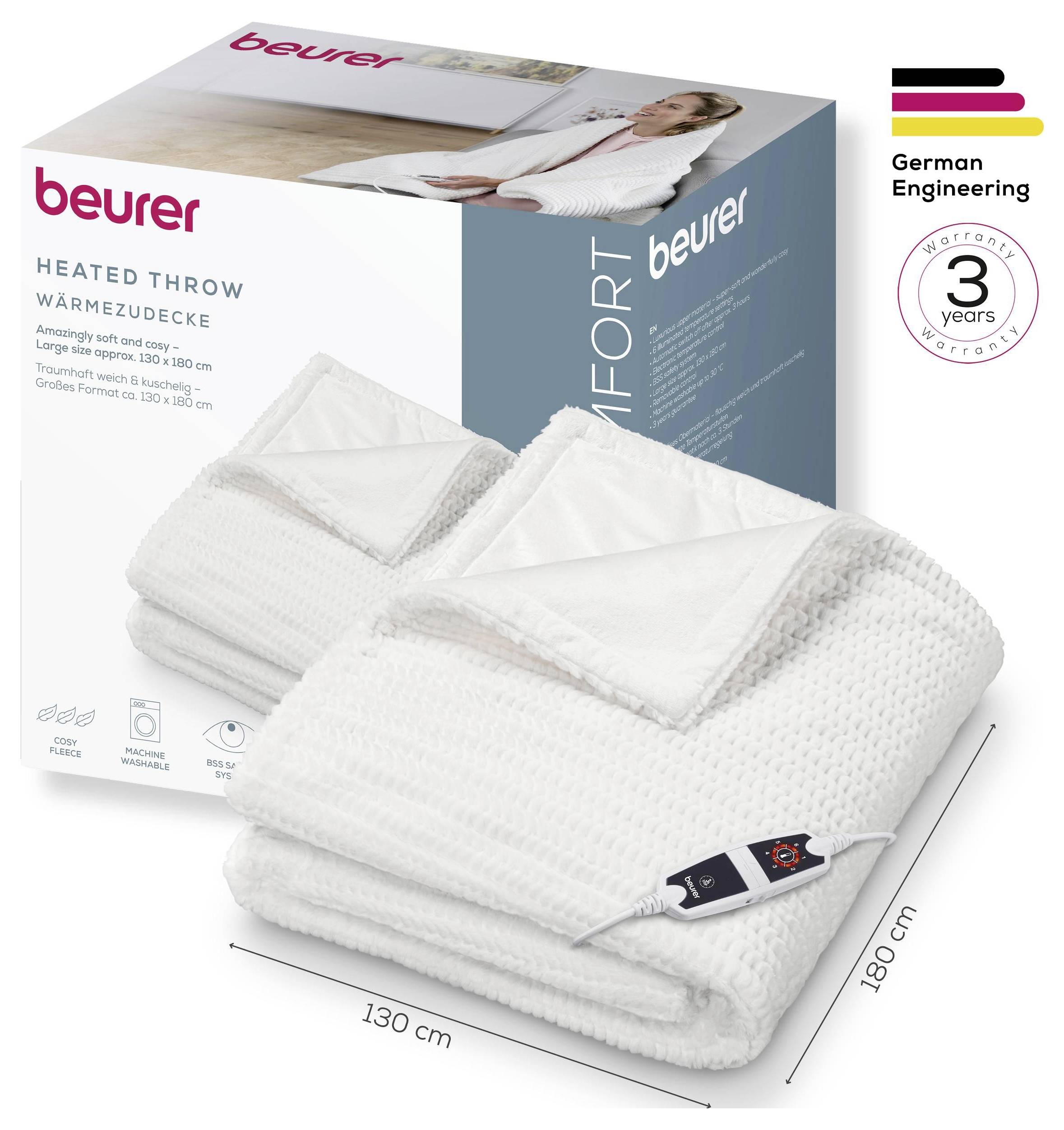 Eine weiße beheizte Wurfdecke mit Bedienfeld wird neben ihrer Verpackung angezeigt, beschriftet mit „beurer