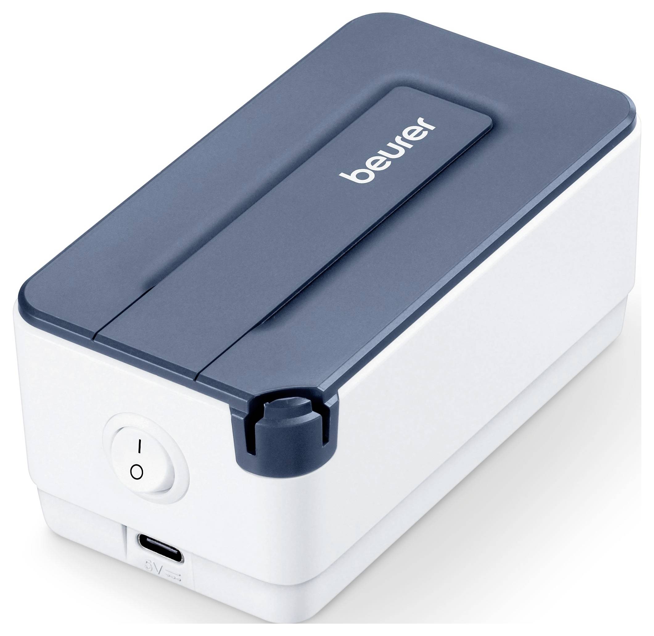 Kompaktes weiß-graues Beurer-Gerät mit Netztaste, USB-Anschluss und 