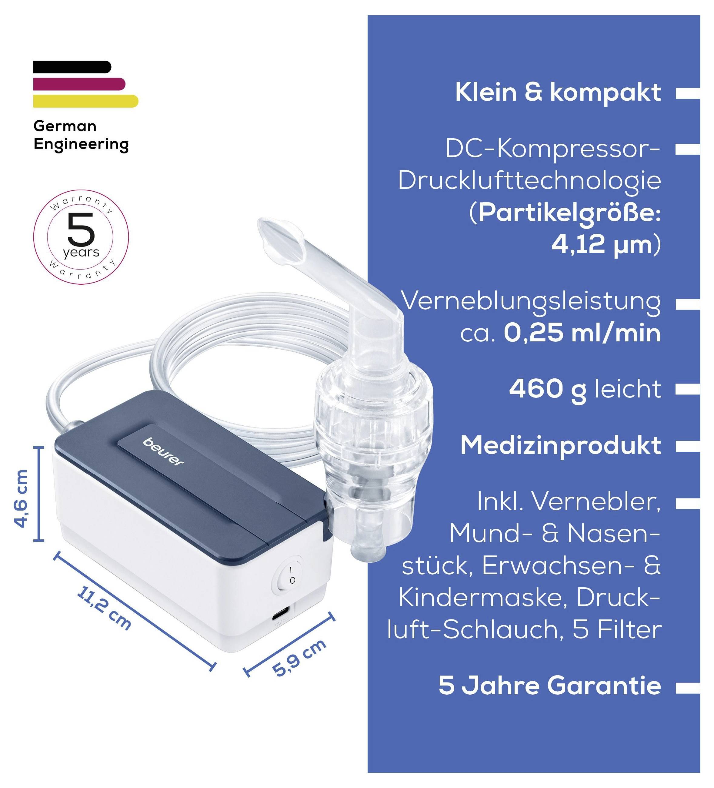 Ein kompaktes medizinisches Gerät für die Inhalationstherapie, ausgestattet mit DC-Kompressor-Technologie und mehreren Zubehörteilen. Es wiegt 460g und bietet eine 5-Jahres-Garantie.