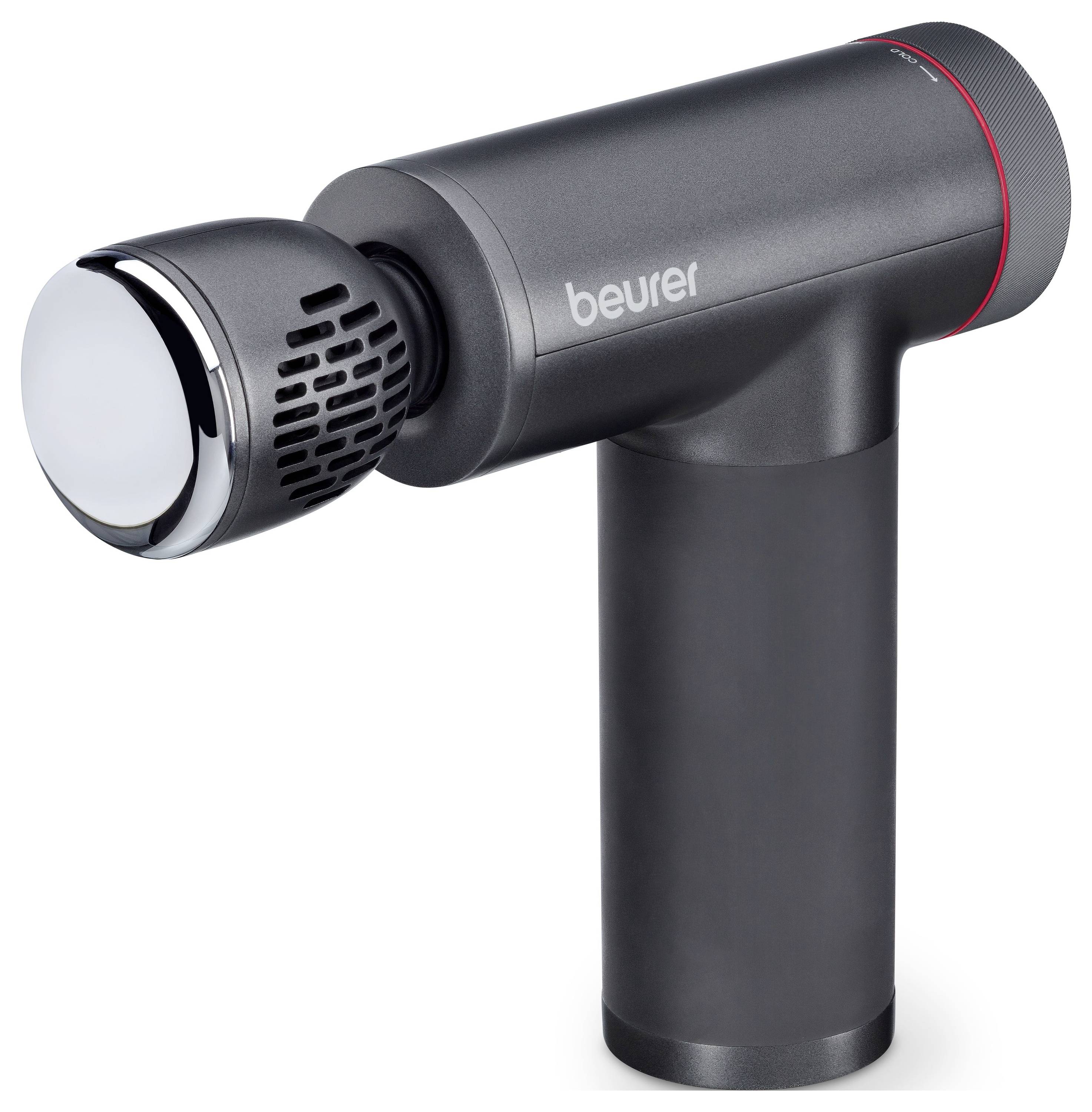 Eine schwarze tragbare Massagepistole mit der Bezeichnung 