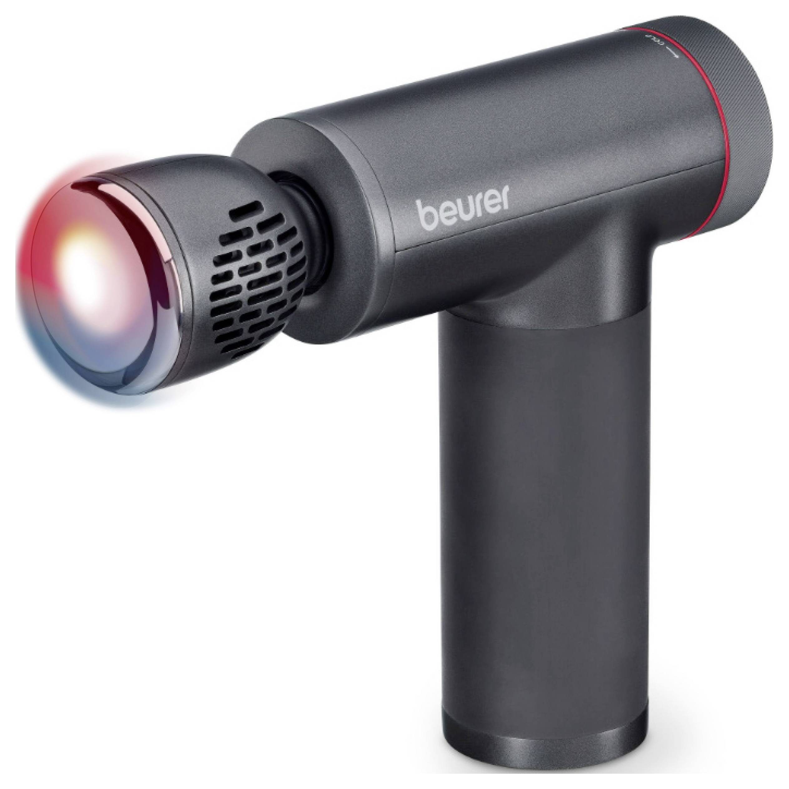 Eine tragbare graue Massagepistole mit rundem Kopf, die ein rotes und blaues Licht zeigt, mit der Marke 