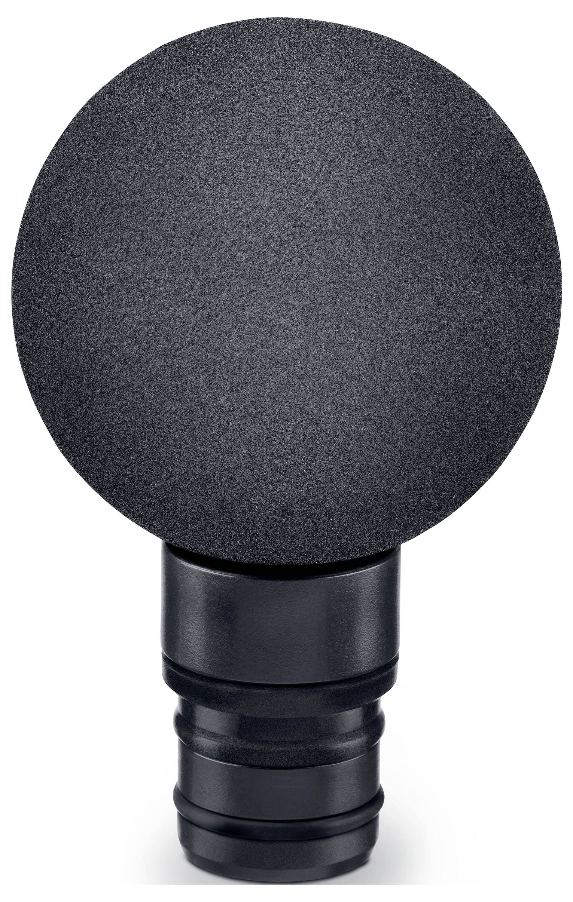 Ein großer, runder schwarzer Windschutz, der an einem Mikrofon angebracht ist und dazu dient, Windgeräusche bei der Audioaufnahme zu reduzieren.