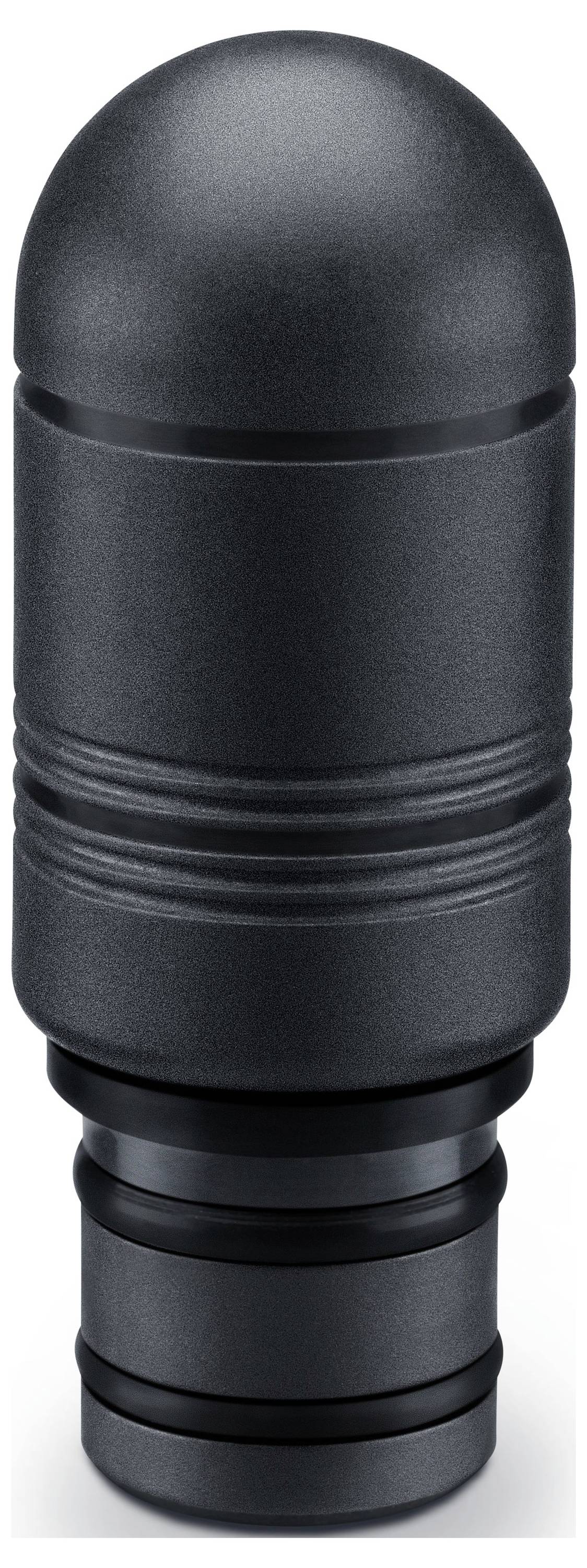 Ein schwarzer, zylindrischer Weinstöpsel mit rundem Oberteil und geripptem Design im mittleren Bereich, verwendet zum Verschließen und Konservieren von geöffneten Weinflaschen.