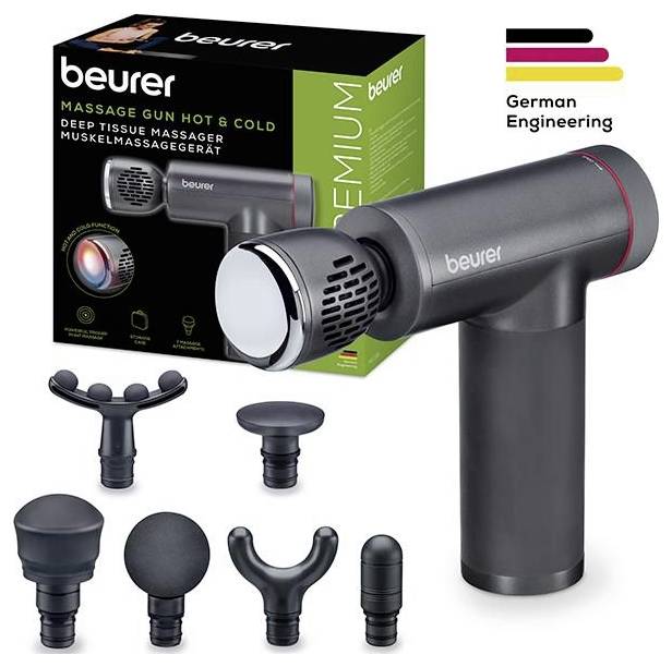 Beurer-Massagepistole in elegantem Design mit mehreren Aufsatzköpfen, verpackt mit 