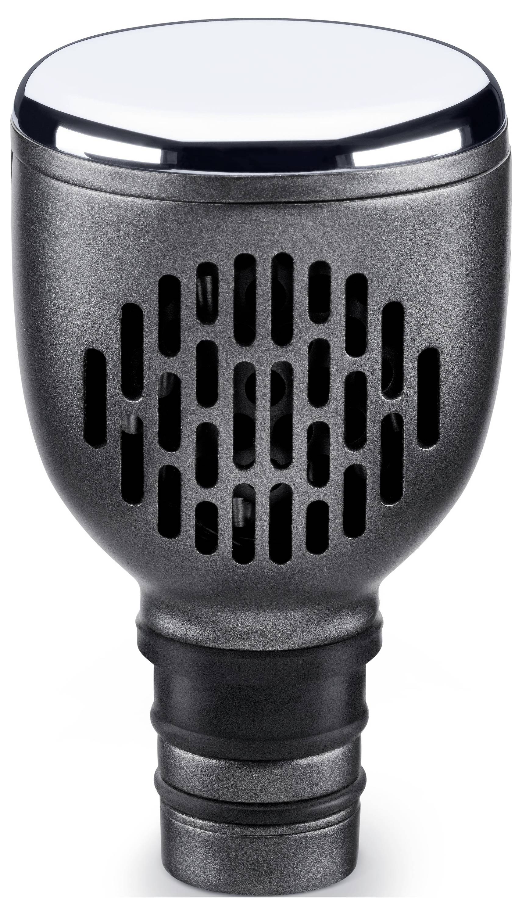 Ein elegantes, schwarzes, zylindrisches Gerät mit Belüftungsschlitzen, das für Luftstrom oder Filtration konzipiert ist und über einen metallischen oberen Teil und einen Schlauchanschluss unten verfügt.