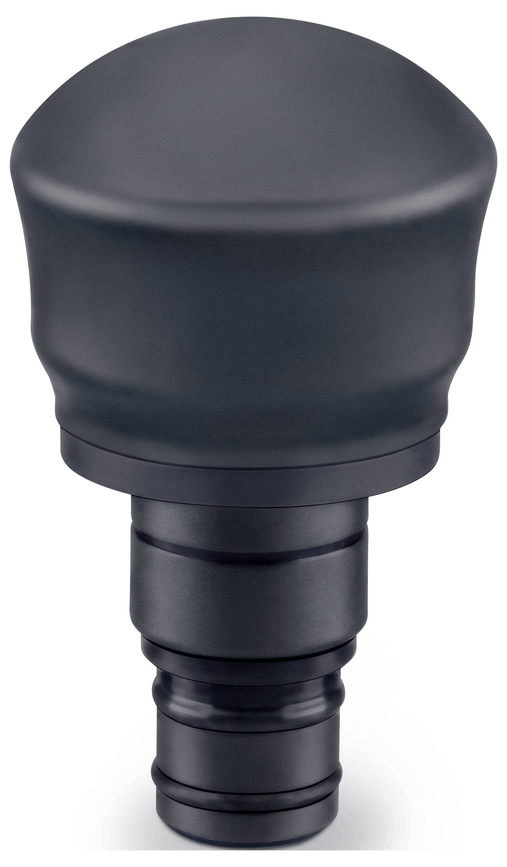 Ein schwarzer Flaschenverschluss mit glatter, abgerundeter Oberseite und gerilltem unteren Bereich zum sicheren Verschließen von Flaschen.