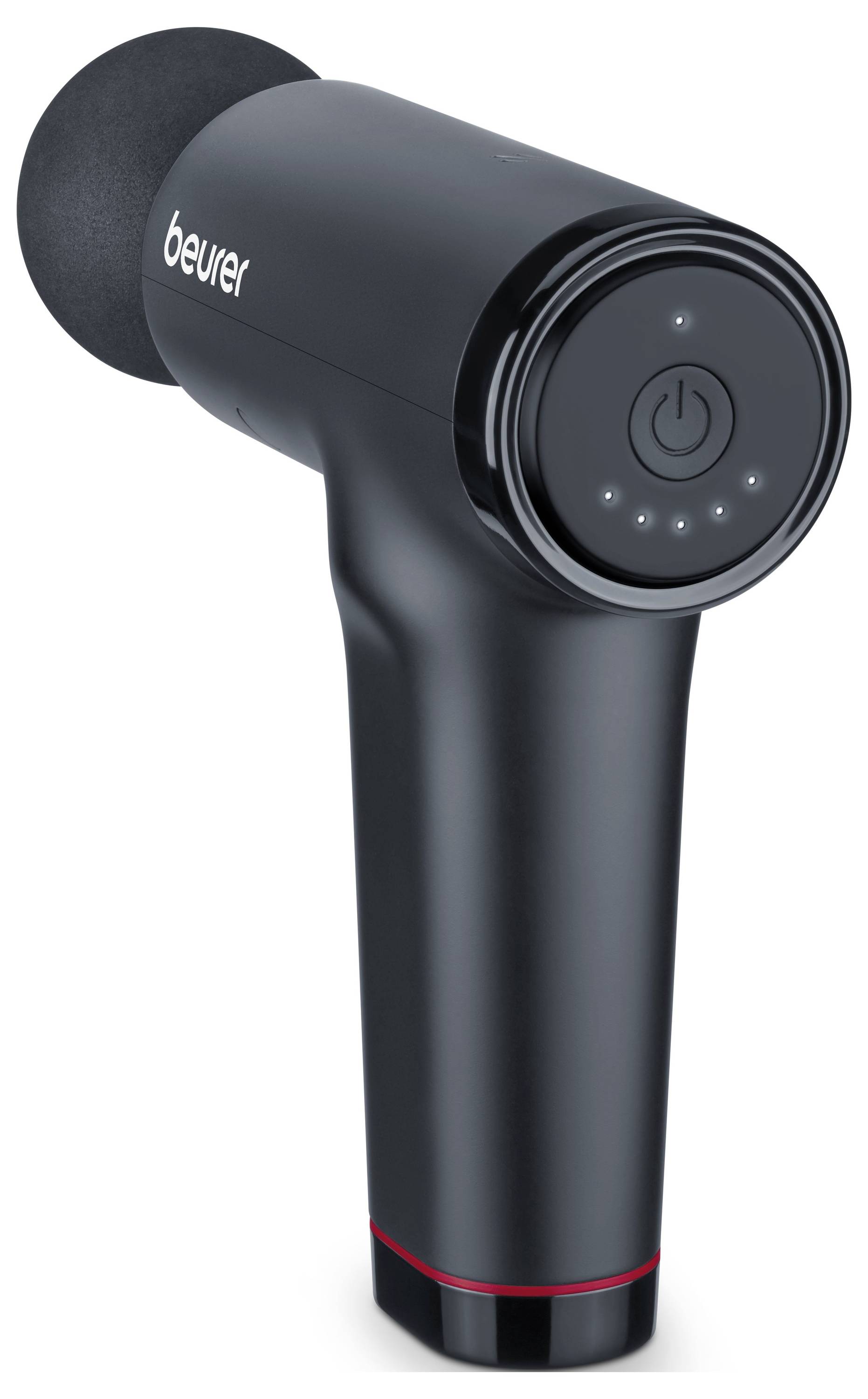 Ein schwarzes tragbares Massagegerät mit mehreren Geschwindigkeitsstufen, einem runden Massagekopf und einem Schalter auf der Oberseite. Der Markenname ist sichtbar.