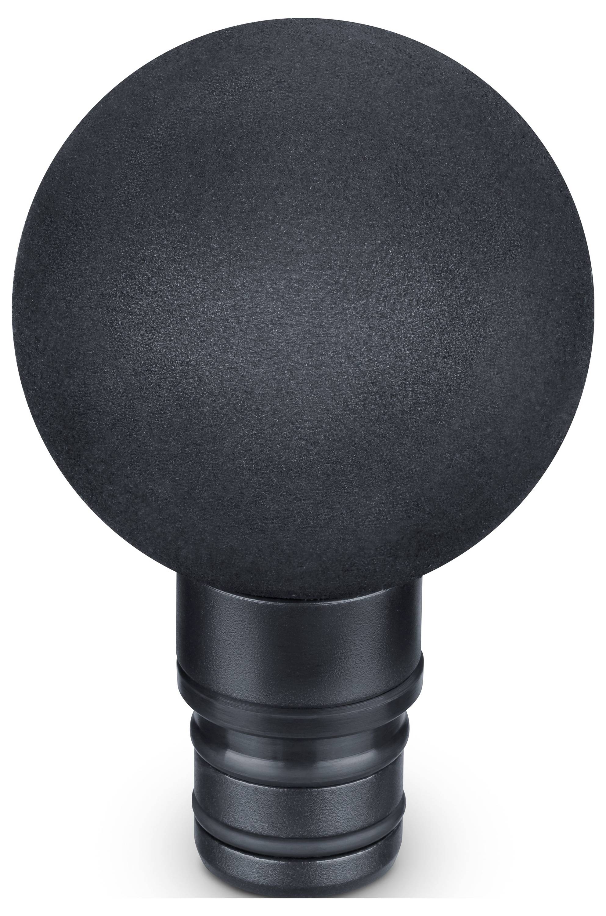 Ein runder schwarzer Schaumstoffüberzug auf einer metallischen Basis, wahrscheinlich ein Mikrofon-Windschutz, der entwickelt wurde, um Geräusche zu reduzieren und die Soundqualität zu verbessern.