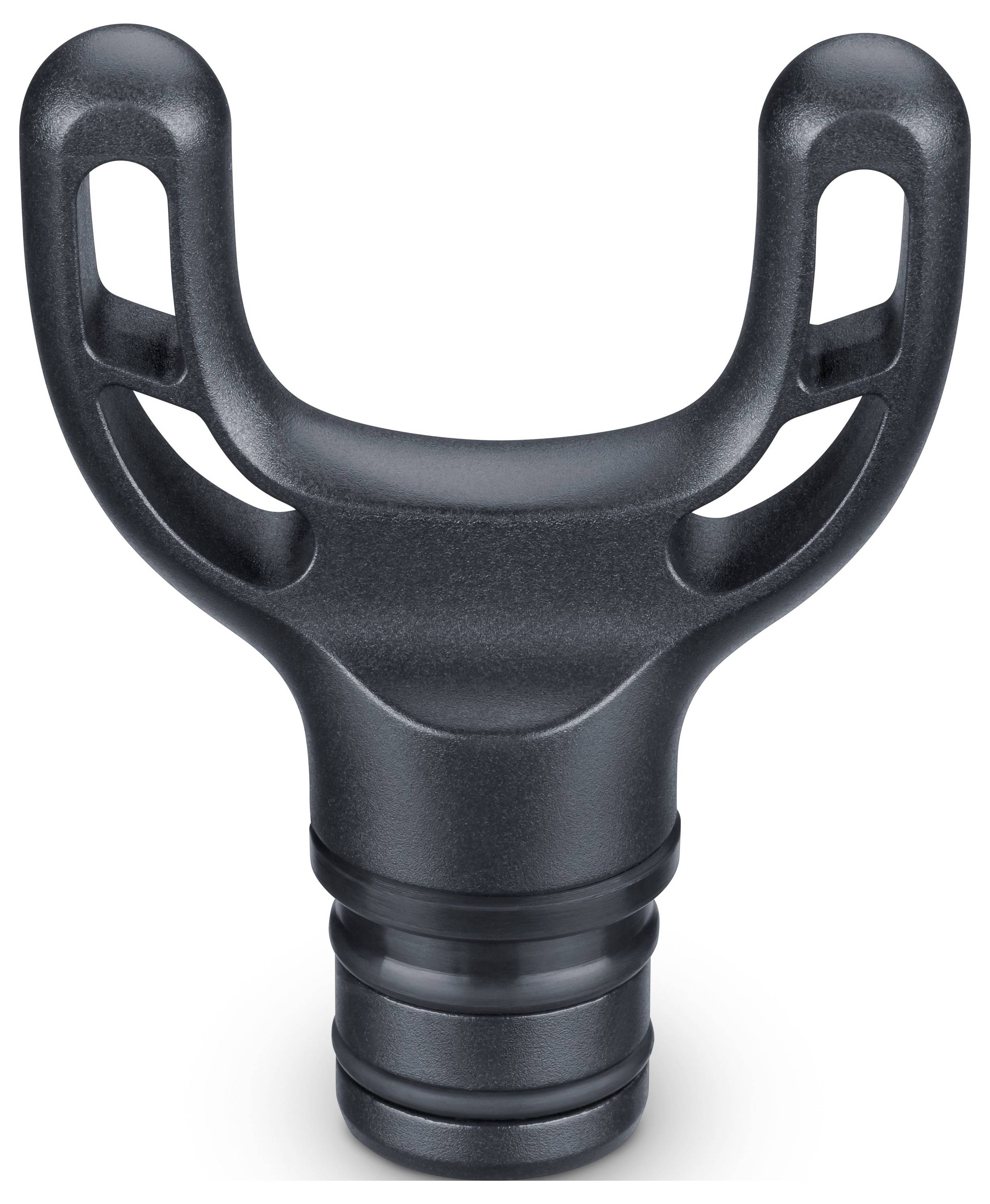 Ein schwarzes, Y-förmiges mechanisches Bauteil mit zwei symmetrischen Schleifen und einer zylindrischen Basis.