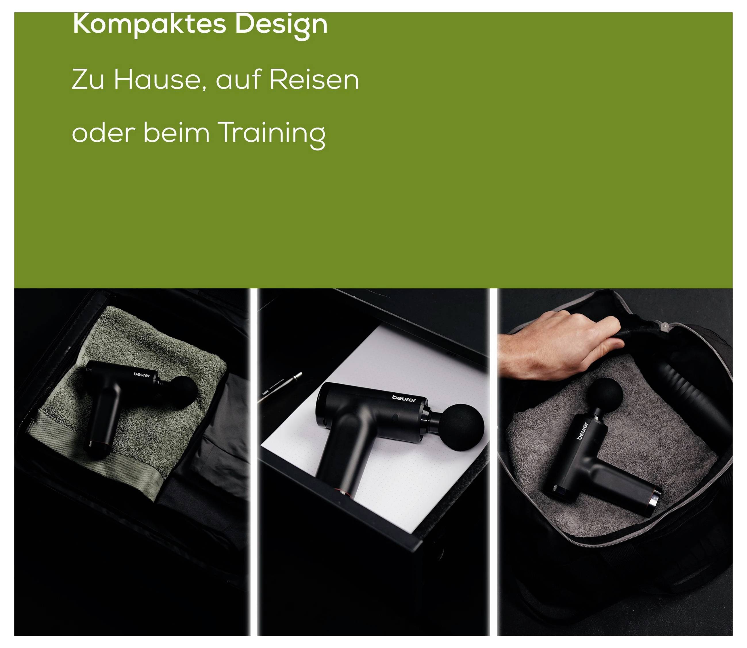 'Kompaktes Design: Zu Hause, auf Reisen oder beim Training.' Drei Bilder zeigen eine Massagepistole in einem Koffer, einer Schublade und einer Sporttasche.
