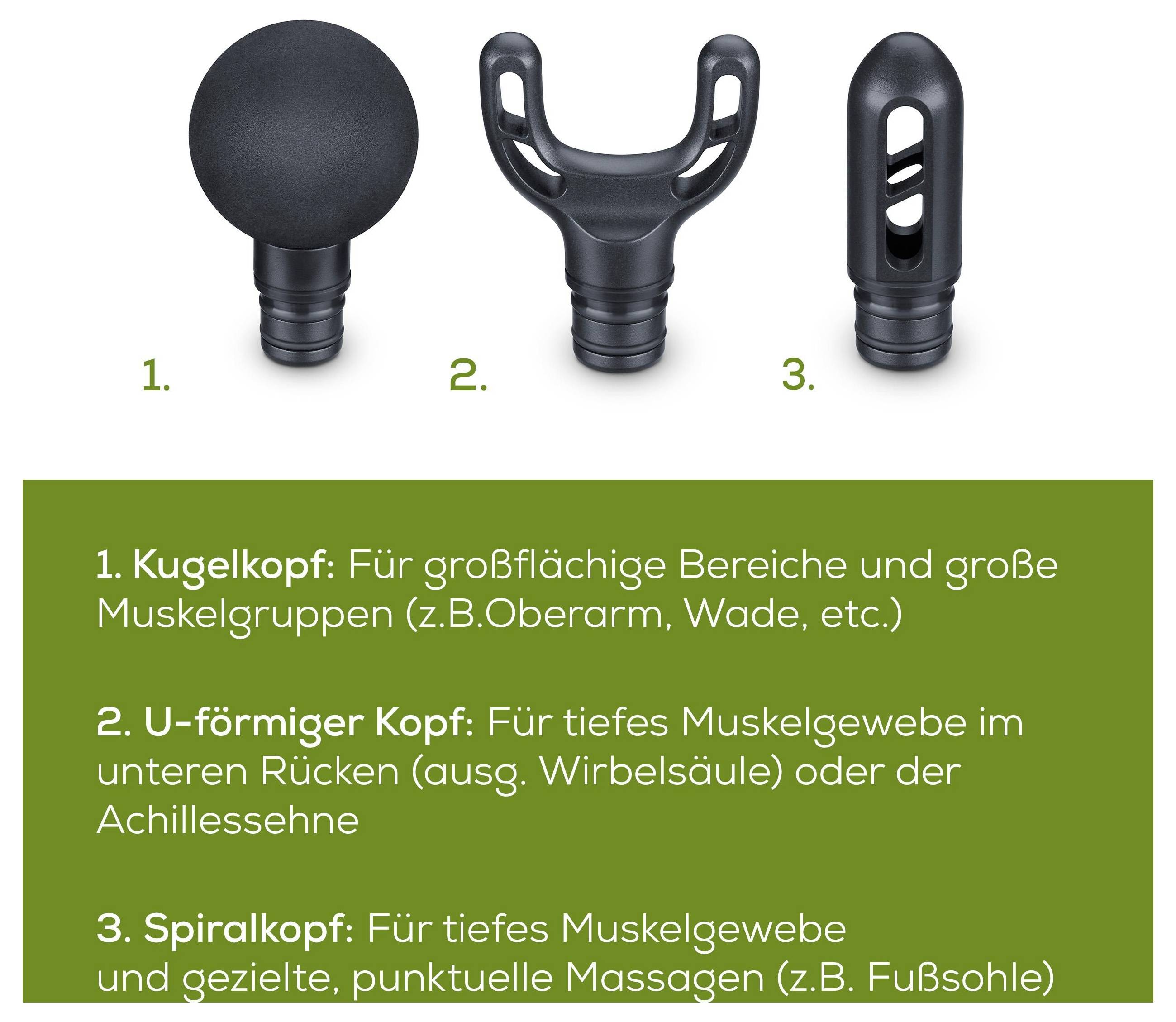 Drei schwarze Massagepistolenkopf: 1. Kugelkopf für große Bereiche wie Arme und Waden. 2. U-förmig für Tiefengewebe im unteren Rückenbereich. 3. Kugelkopf für konzentrierte Muskel- oder Fußmassagen.