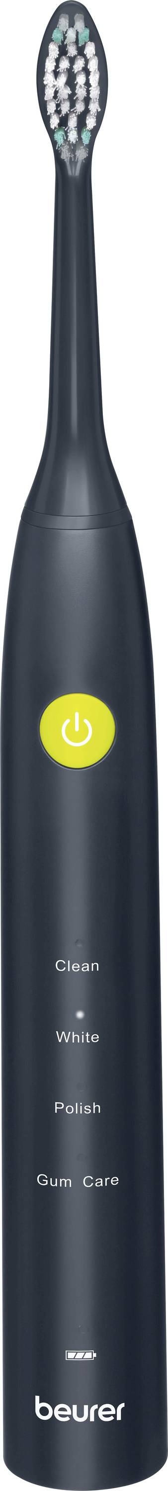 Schwarze elektrische Zahnbürste mit Tasten für die Modi Reinigung, Aufhellung, Politur und Zahnfleischpflege.