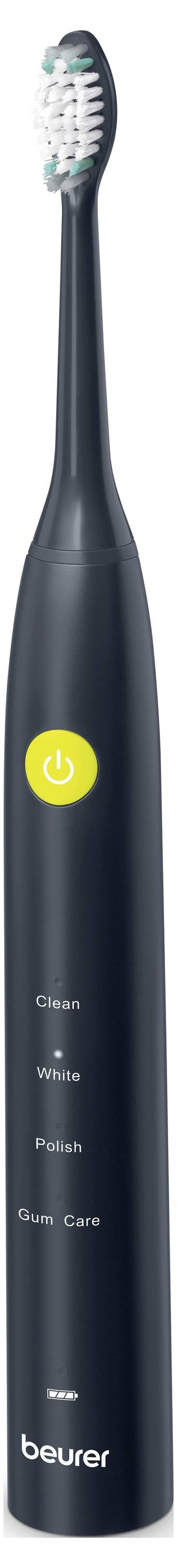 Eine schwarze elektrische Zahnbürste mit einem gelben Netzschalter und Modi mit den Bezeichnungen „Reinigung