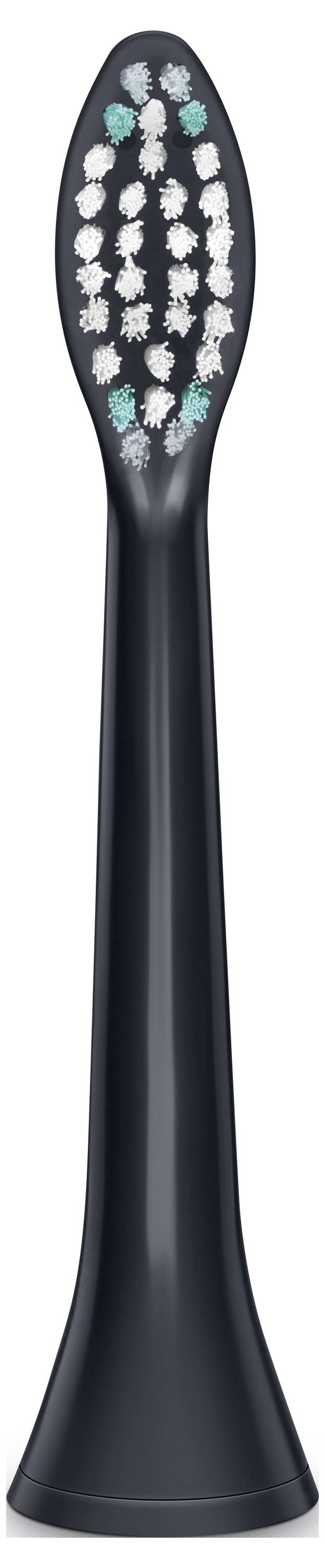 Schwarzer Bürstenkopf einer elektrischen Zahnbürste mit weißen und blaugrünen Borsten in einem ovalen Muster angeordnet.