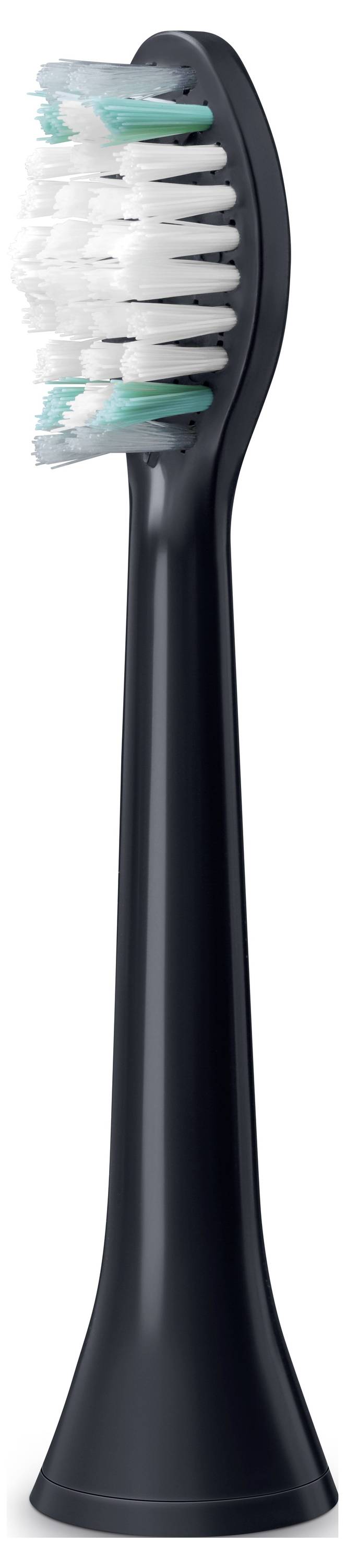 Ein schwarzer Elektrozahnbürstenkopf mit weißen und blaugrünen Borsten, vertikal angezeigt.