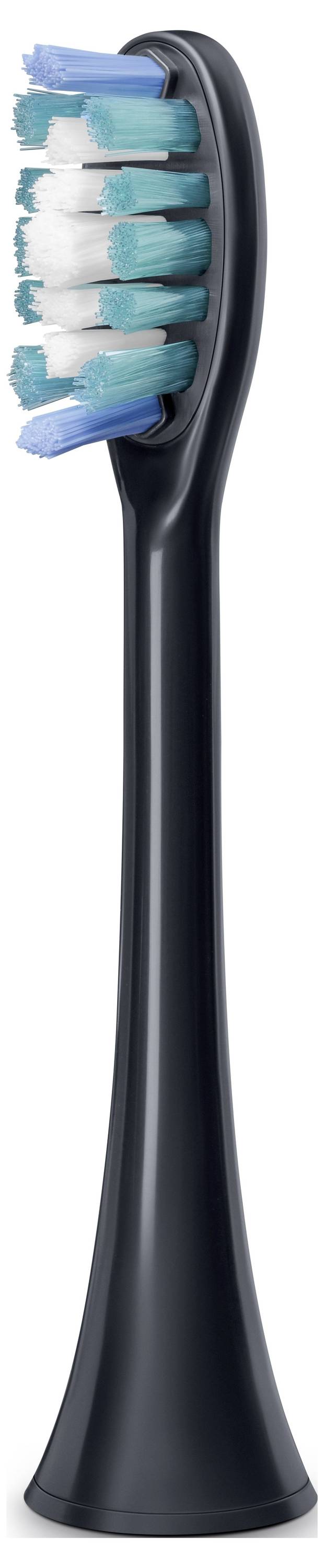 Ein schwarzer Zahnbürstenkopf mit blauen und weißen Borsten, konzipiert zur Verwendung mit einem Elektrozahnbürsten-Griff.
