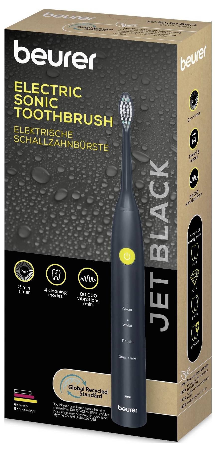'Beurer Jet Black Elektrische Schallzahnbürste' Verpackung mit Zahnbürstenabbildung, Informationen zu Modi und 'Global Recycled Standard' Logo.