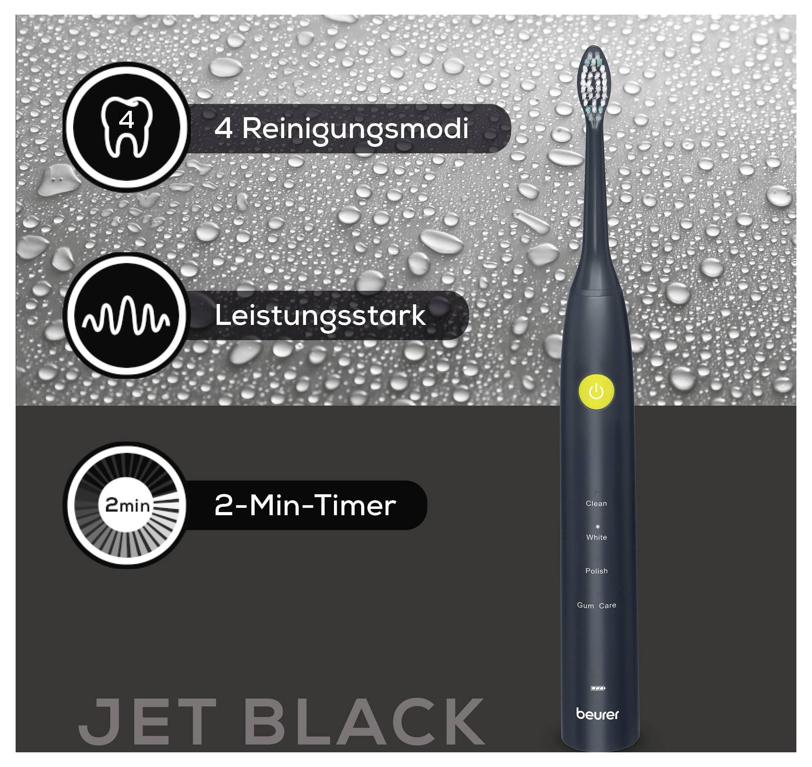 Eine elektrische Zahnbürste wird vor einem Wassertropfen-Hintergrund gezeigt. Sie hebt Funktionen hervor: „4 Reinigungsmodi