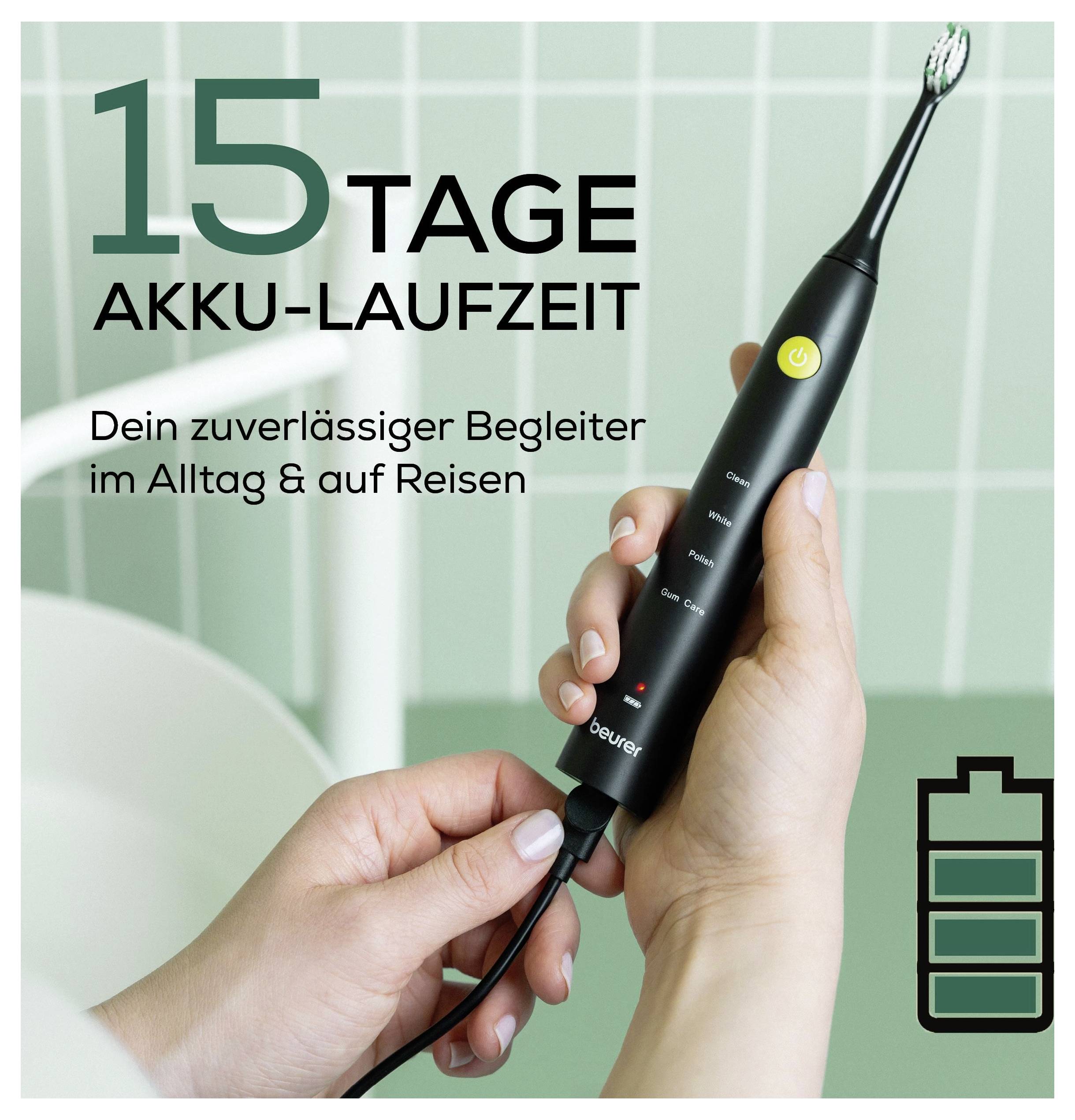 Eine Hand hält eine schwarze elektrische Zahnbürste vor einen gekachelten Hintergrund. Der Text lautet „15 Tage Akku-Laufzeit