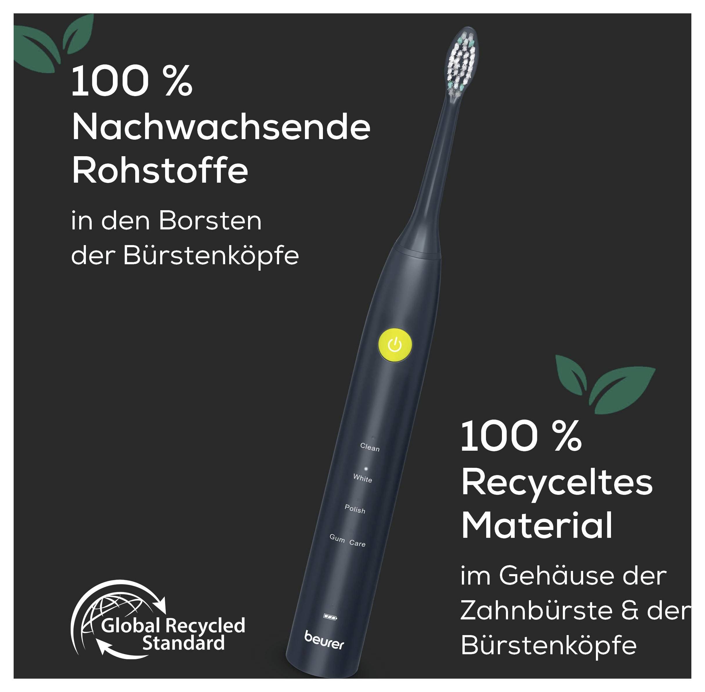 Eine elektrische Zahnbürste mit Text, auf dem „100% erneuerbare Rohstoffe