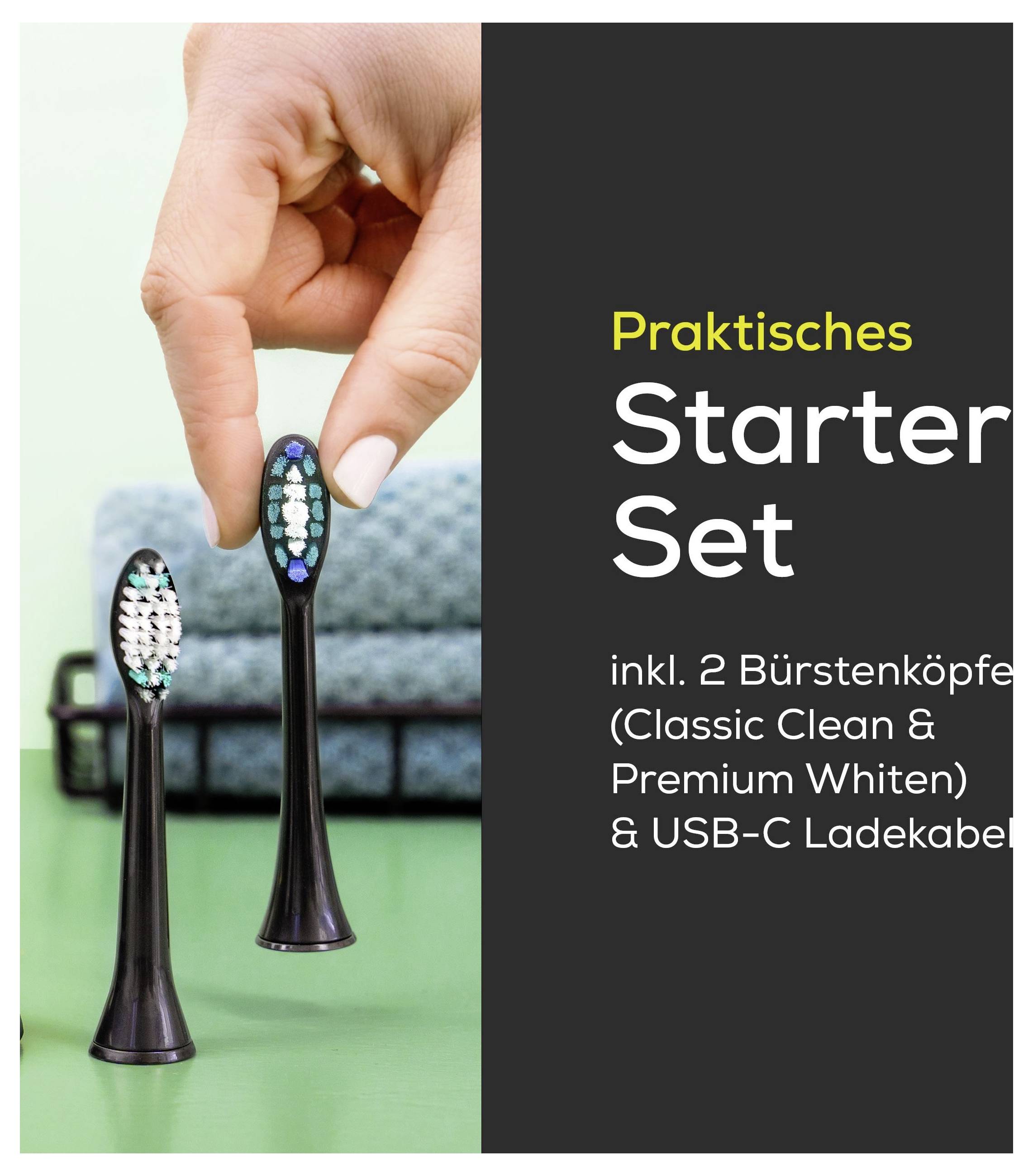 'Praktisches Anfängerset: enthält 2 Bürstenköpfe (Classic Clean & Premium Whiten) & USB-C-Ladekabel.' Zwei Zahnbürstenköpfe werden angezeigt.