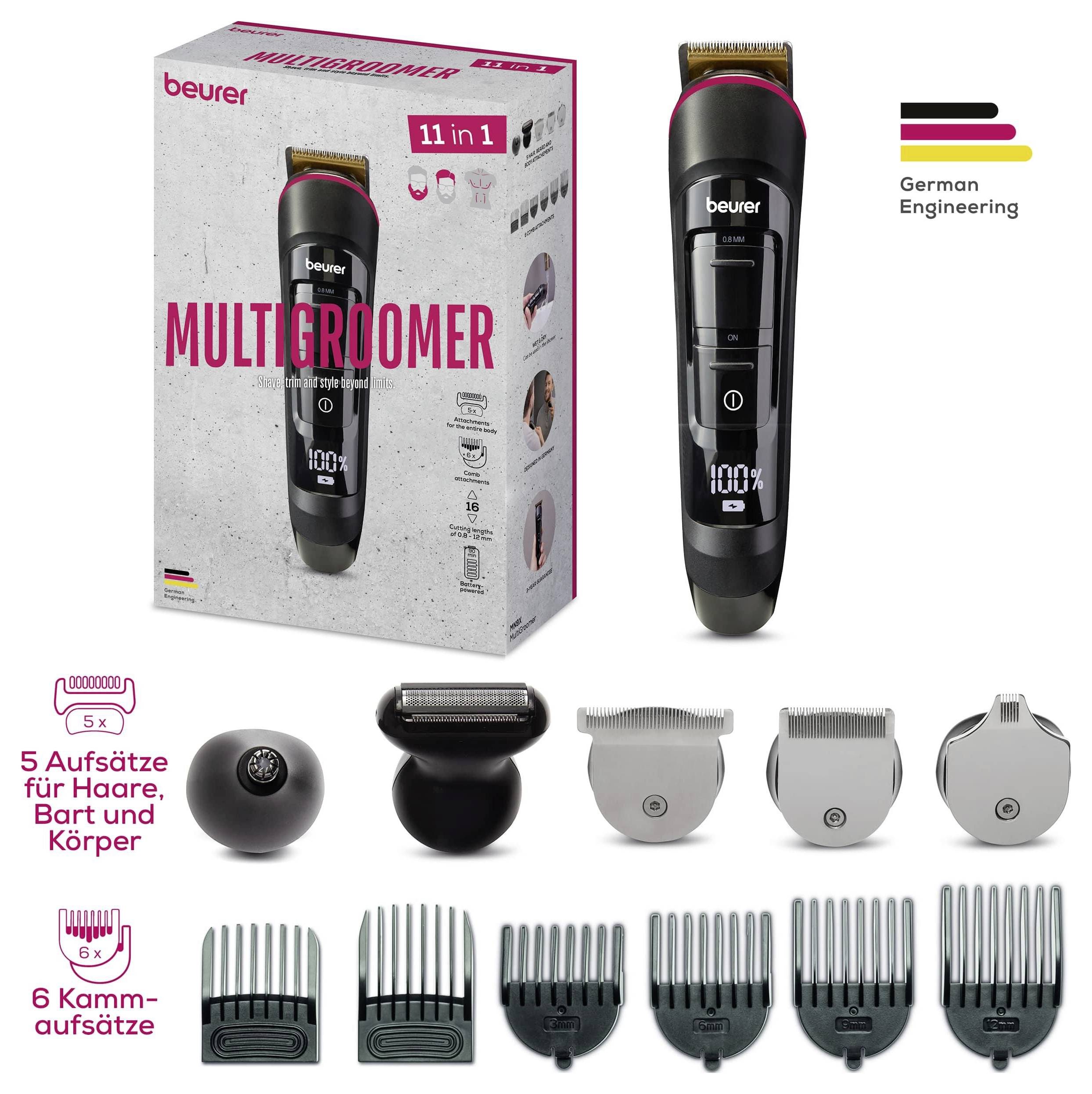 Das Set 'MULTIGROOMER' enthält einen Trimmer, 5 Aufsätze für Haare, Bart und Körper sowie 6 Kämme. Deutsche Ingenieurskunst, 11-in-1-Funktionalität.