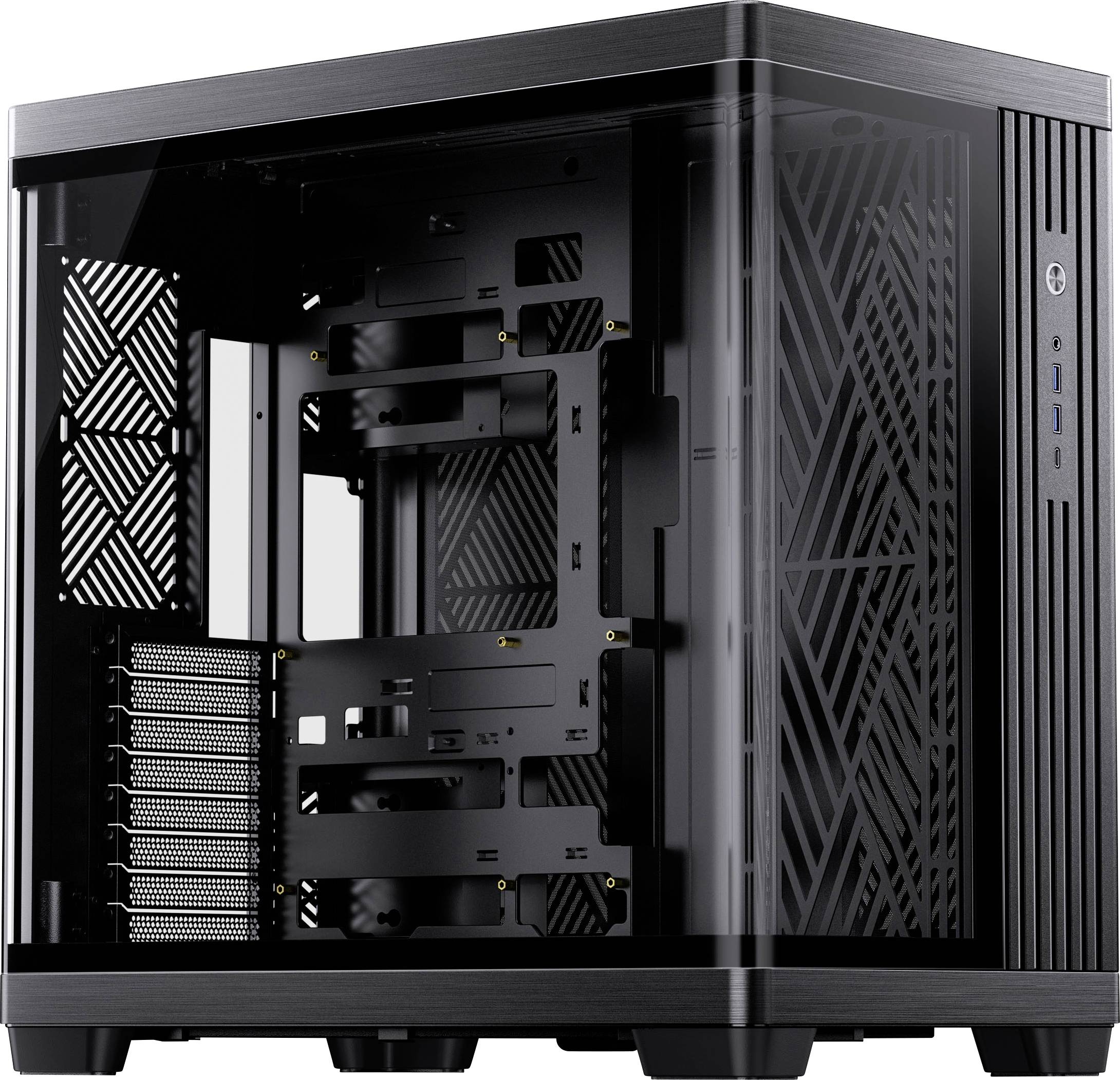 Ein schwarzes, leeres Computergehäuse mit transparentem Seitenpaneel, das Platz für Komponenten und ein geometrisches Lüftungsdesign an der Vorderseite zeigt.