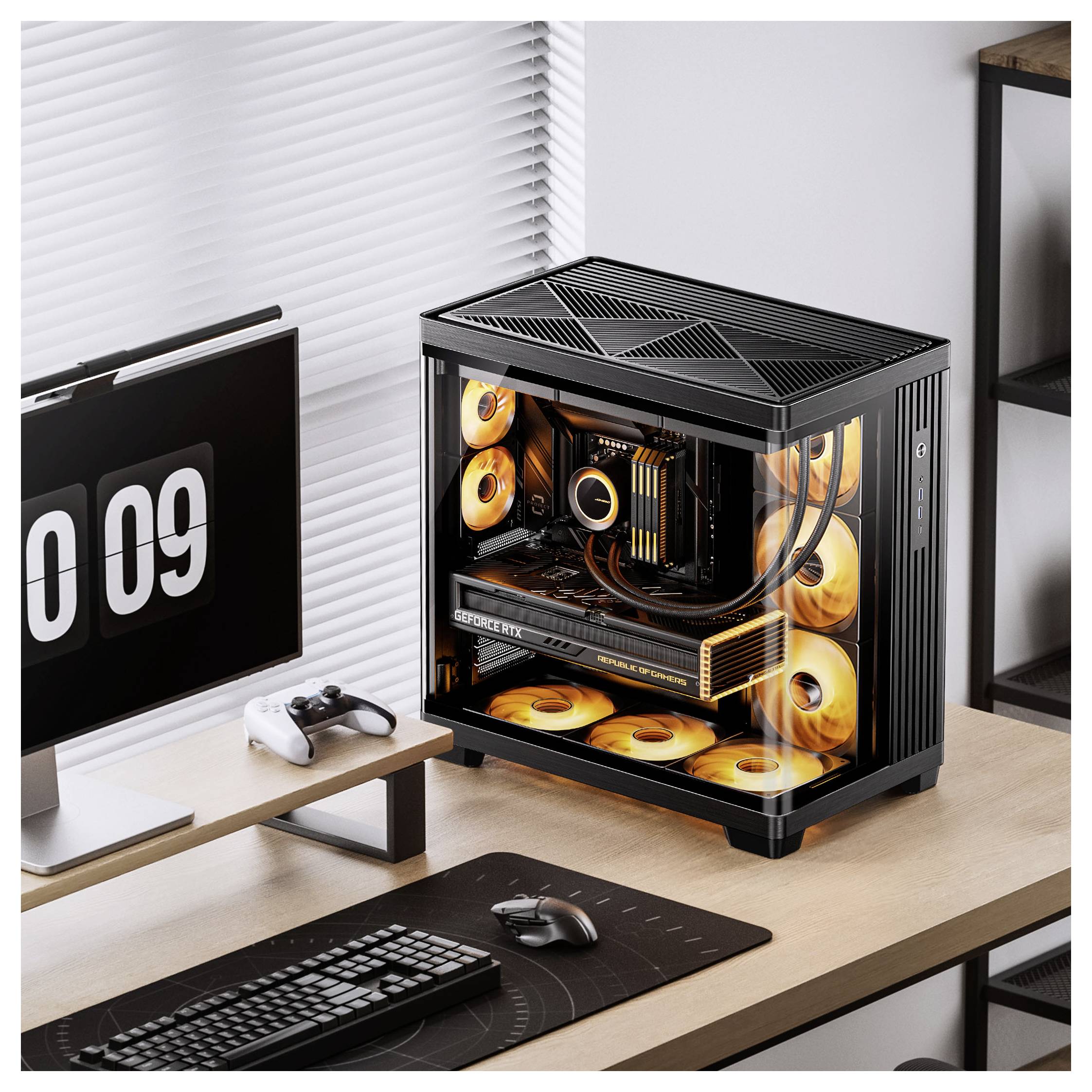 Tower-Desktopcomputer mit transparentem Seitenpanel, das interne Komponenten präsentiert, einschließlich farbiger LED-Kühlventilatoren und einem eleganten Design.