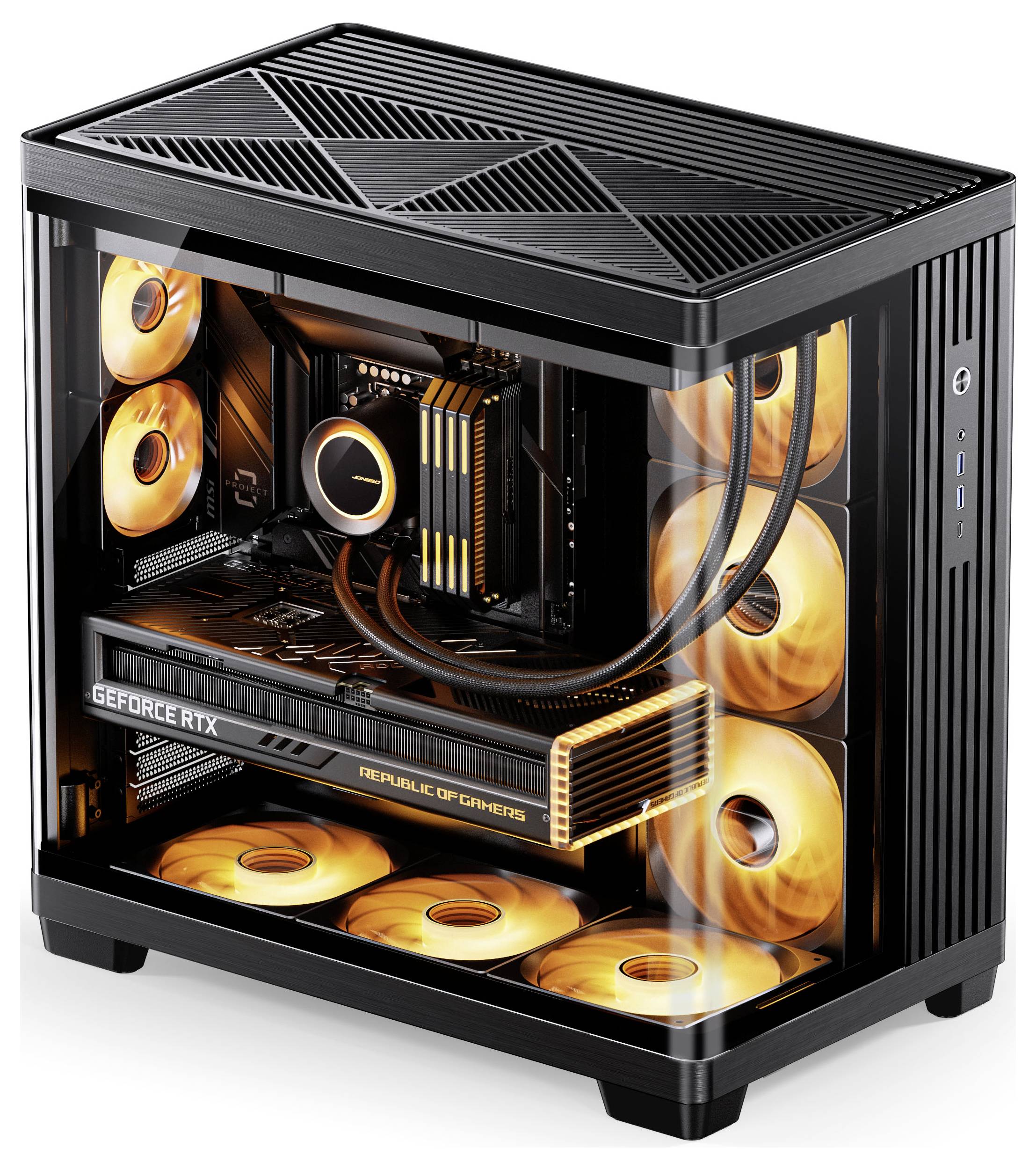 Ein transparentes Computergehäuse, das ein Gaming-PC-Setup mit mehreren leuchtenden orangefarbenen Kühlungslüftern, einer GeForce-RTX-Grafikkarte und ROG-Branding präsentiert.